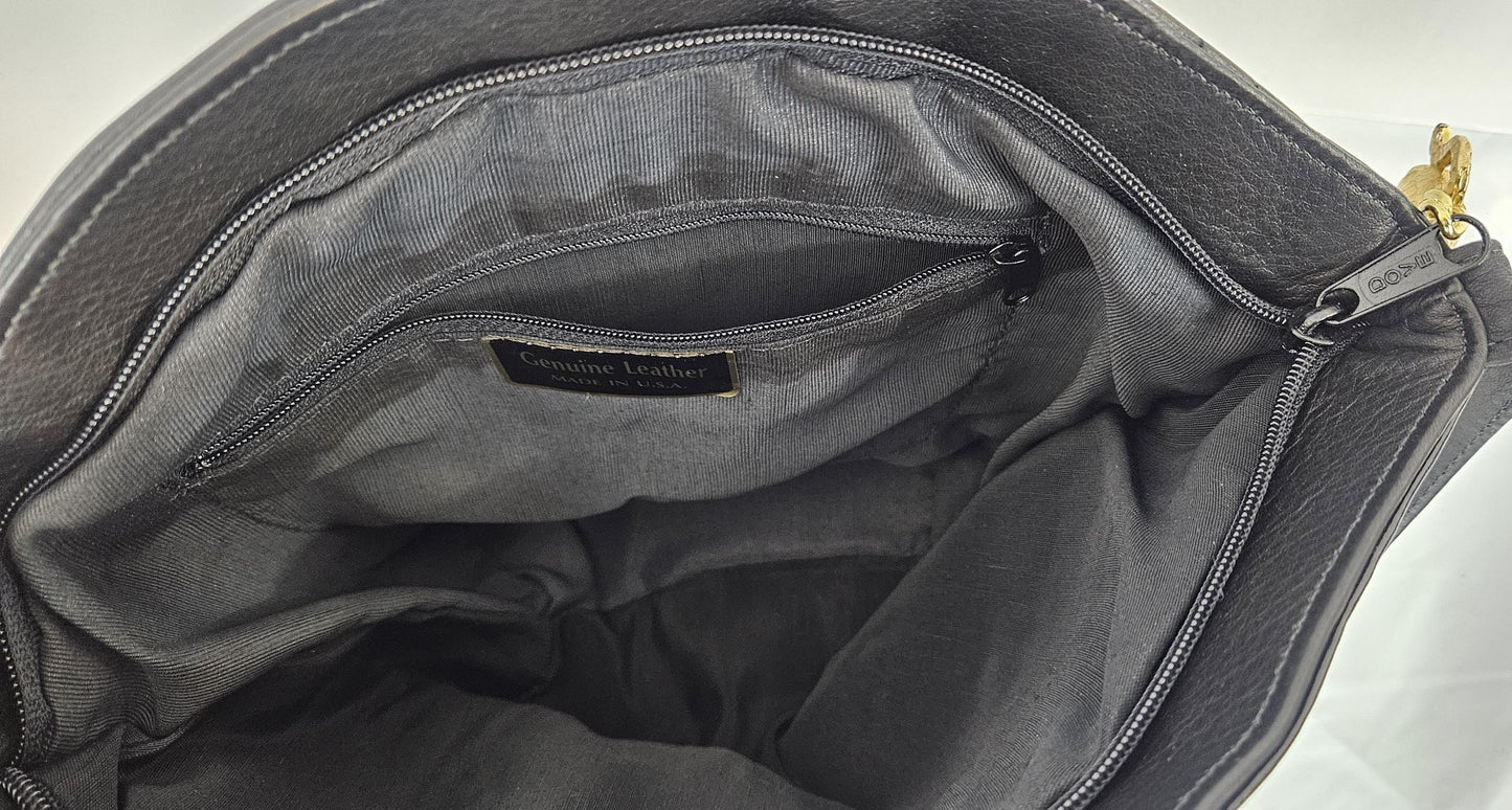 Black Genuine Leather Handbag: Gold Accents & Tassel