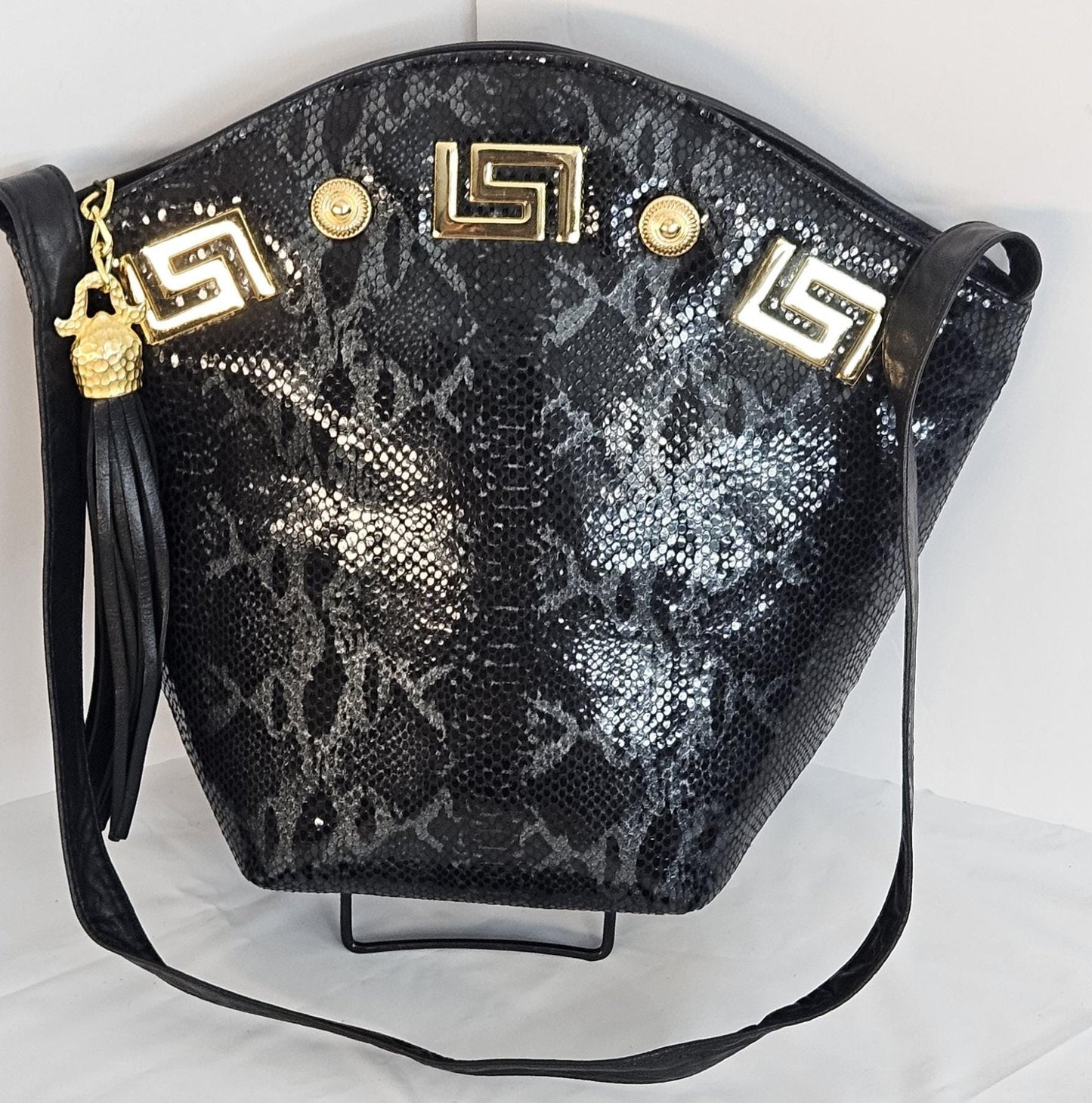 Black with black Print Luxury Genuine Leather Handbag for Universal Use#TR9047-zbbp Gold Z and Butten with tassel drop metal design.