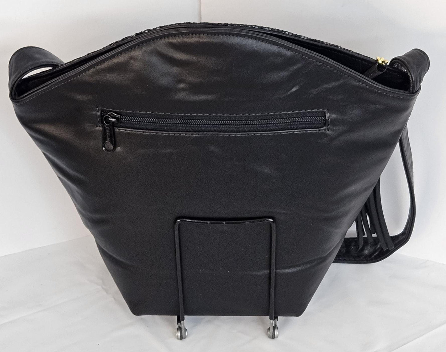 Black with black Print Luxury Genuine Leather Handbag for Universal Use#TR9047-zbbp Gold Z and Butten with tassel drop metal design.