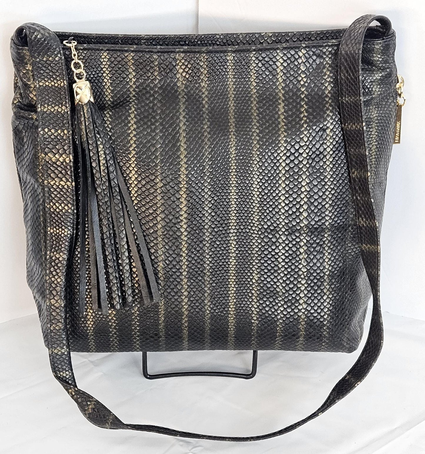 Tejrasila-Gorgeous Pewter Two-Tone print Genuine leather handbag!Tr843 Side pocket.Made in USA!