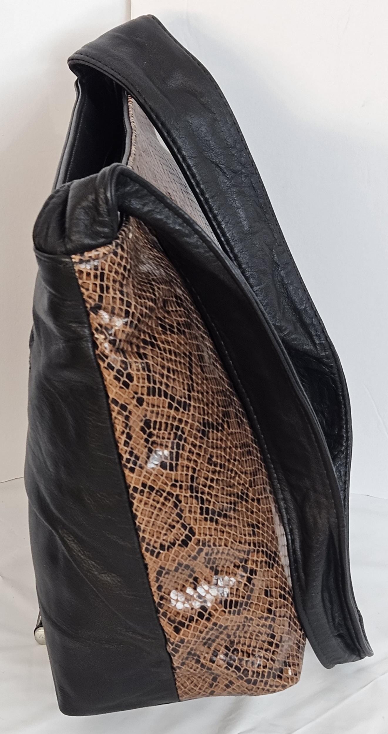 Tejrasila-Gorgeous Black black/brown mix print Genuine leather handbag with!Tr843BbbrP Side pocket.Made in USA!