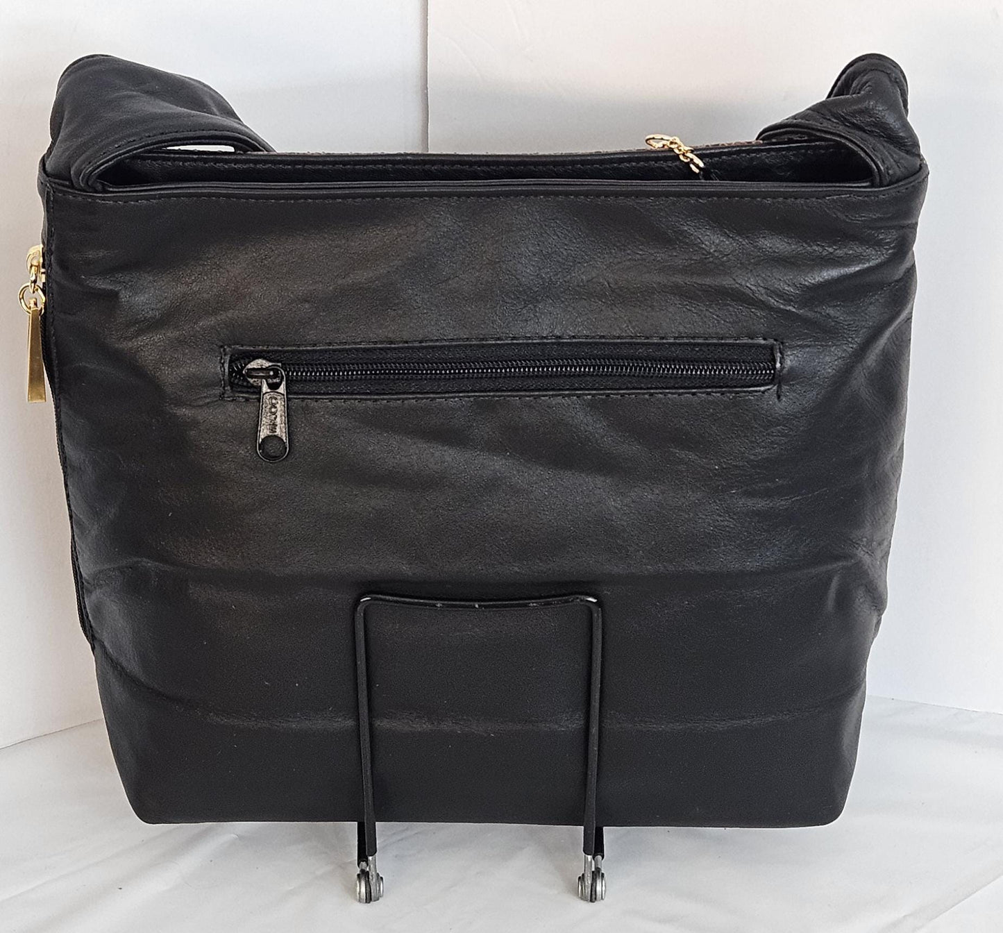 Tejrasila-Gorgeous Black black/brown mix print Genuine leather handbag with!Tr843BbbrP Side pocket.Made in USA!