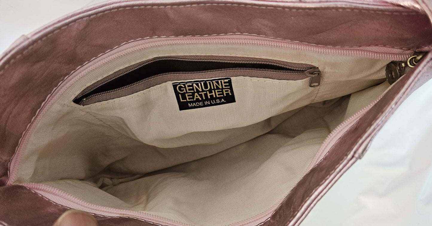 Shining Pink Genuine Leather handbag! Two left and right pockets. Made in USA.