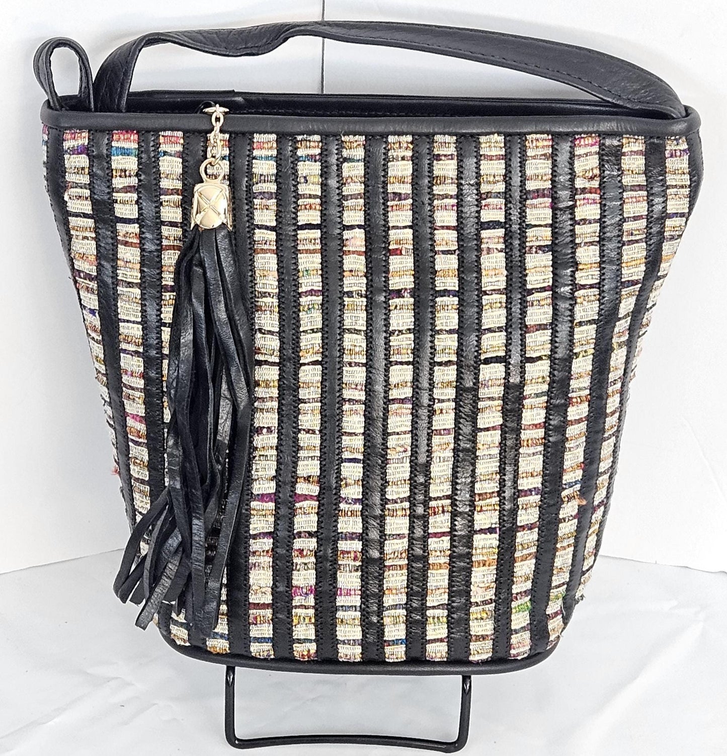 Black Genuine Leather with Multi Fabrice Zigzag Handbag. #TR2099bfz, for girls,women,Universal Use,Unique design. Made in USA.