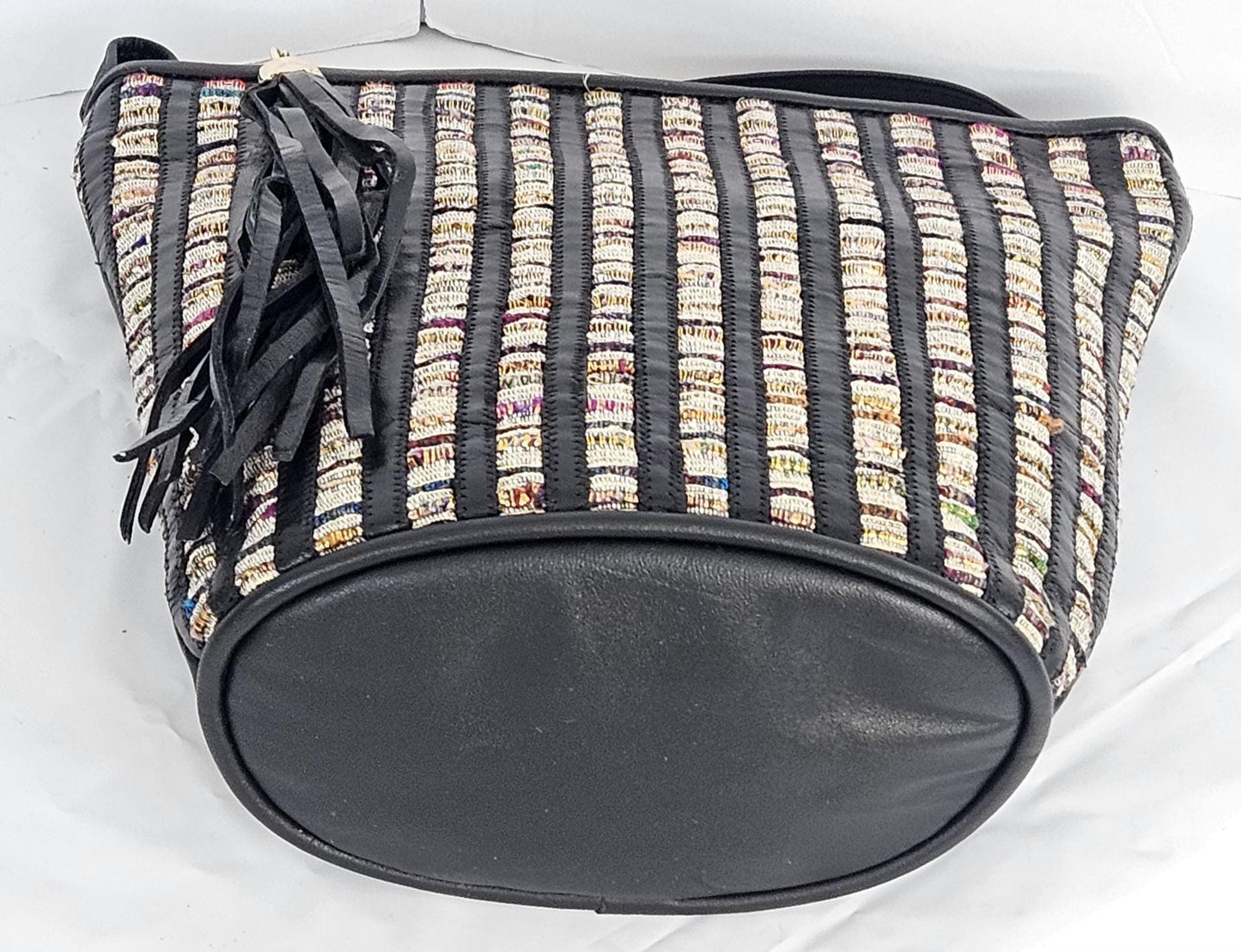 Black Leather Zigzag Fabric Handbag - Made in USA