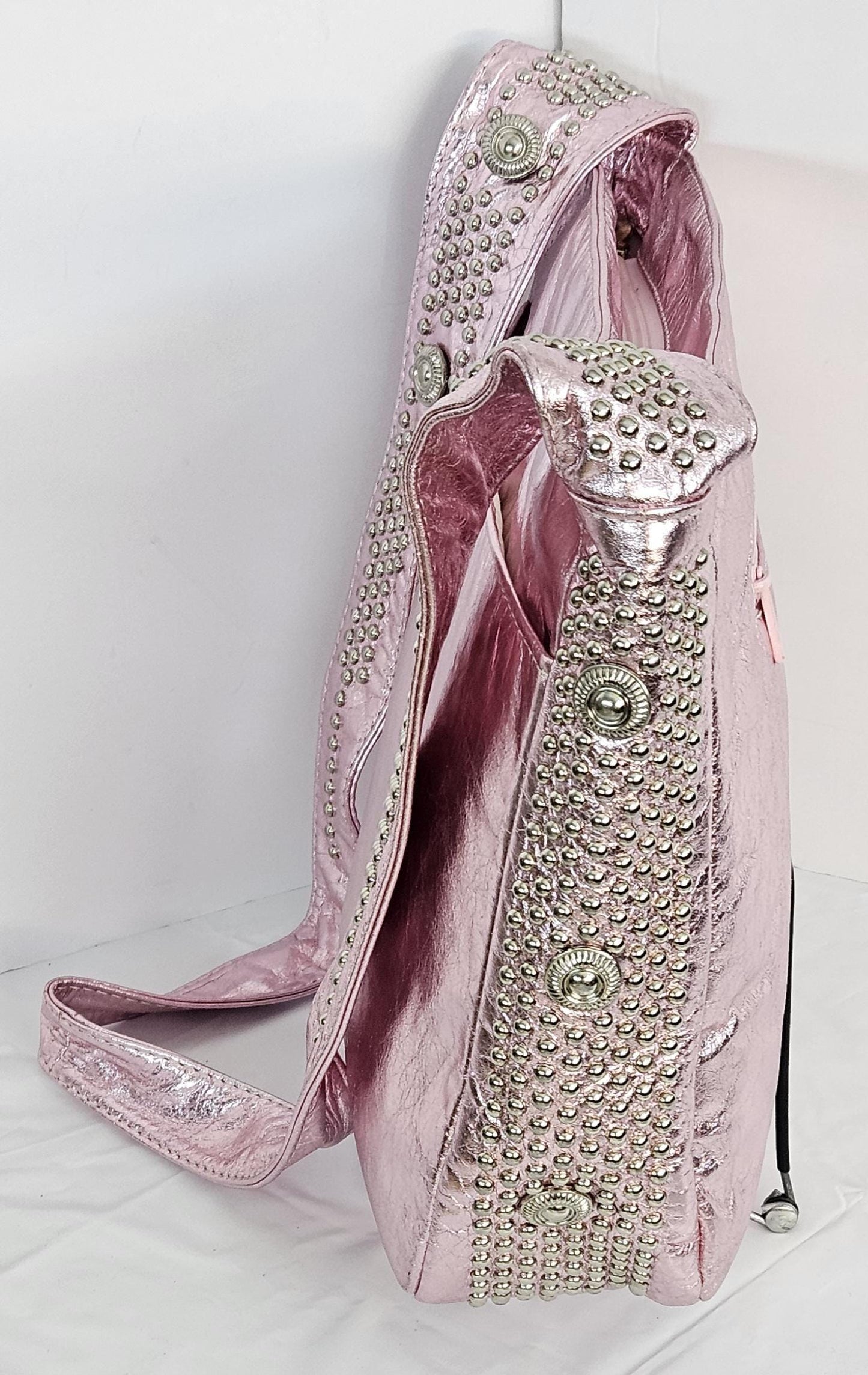 Pink Shining Leather with Silver metal Studs Handbag! Made in USA