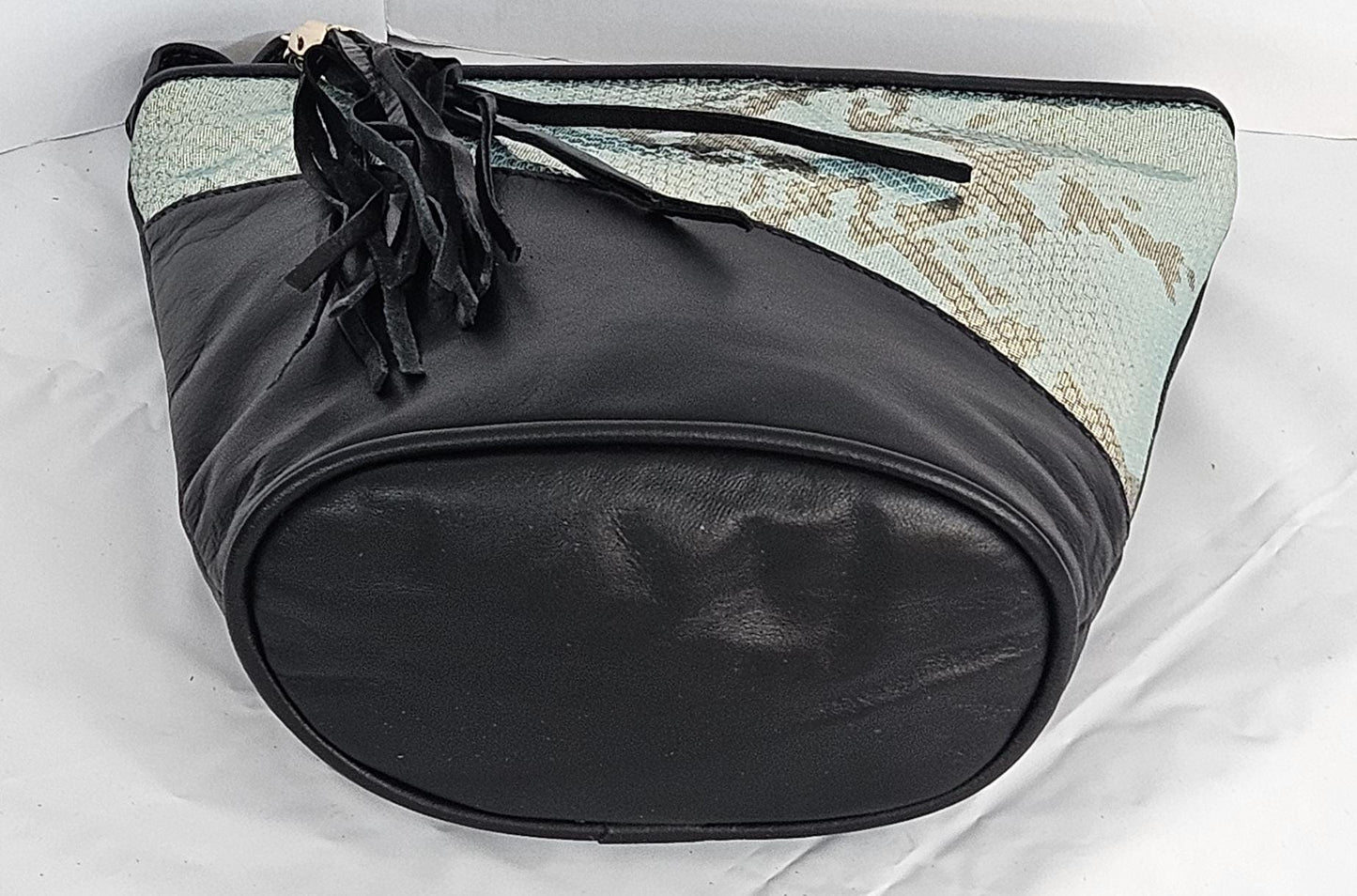 Triangle Genuine Leather Crossbody Handbag: Black & Light Blue, Made in USA