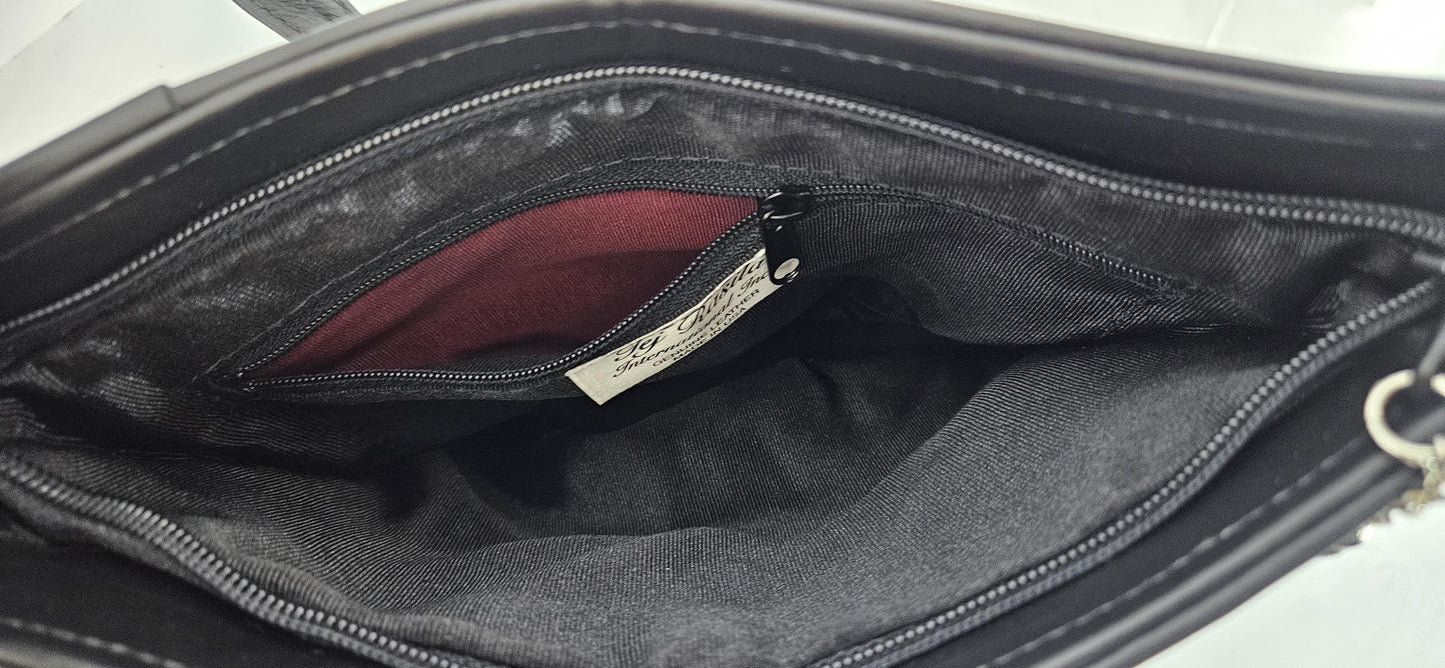 Black & Ostrich Grey Leather Handbag: Triangle Design, Made in USA