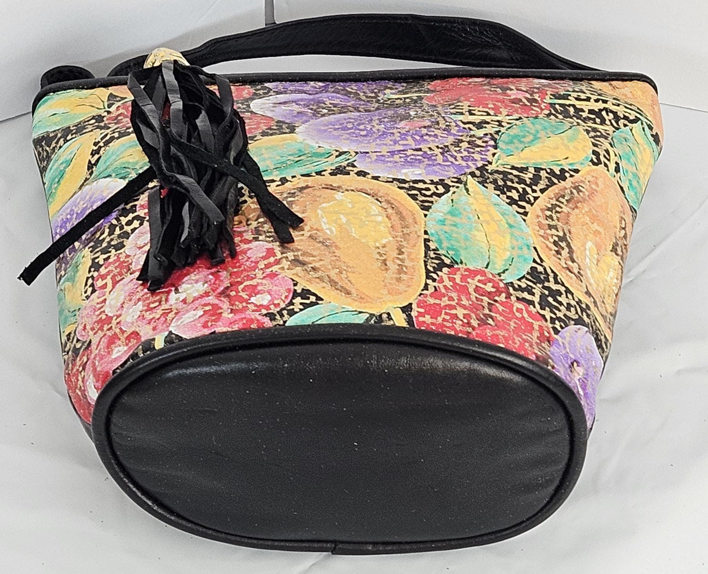 Black Leather Handbag: Gold Fruits Print, Made in USA