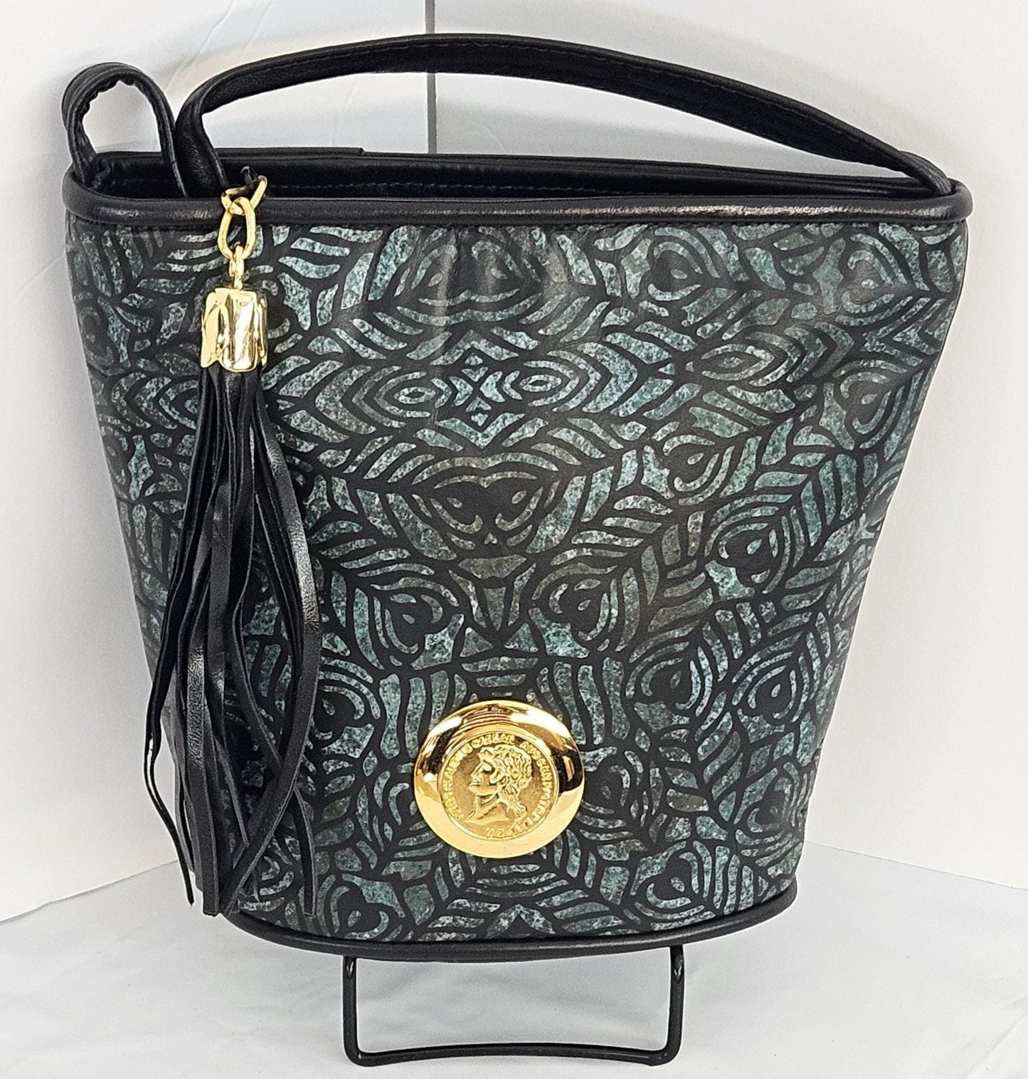 Teal and black print Genuine Leather Handbag.#TR2099BTP,Design with (Gold matel coin nero claudius caesar avocer pm tr pimper) Universal Use