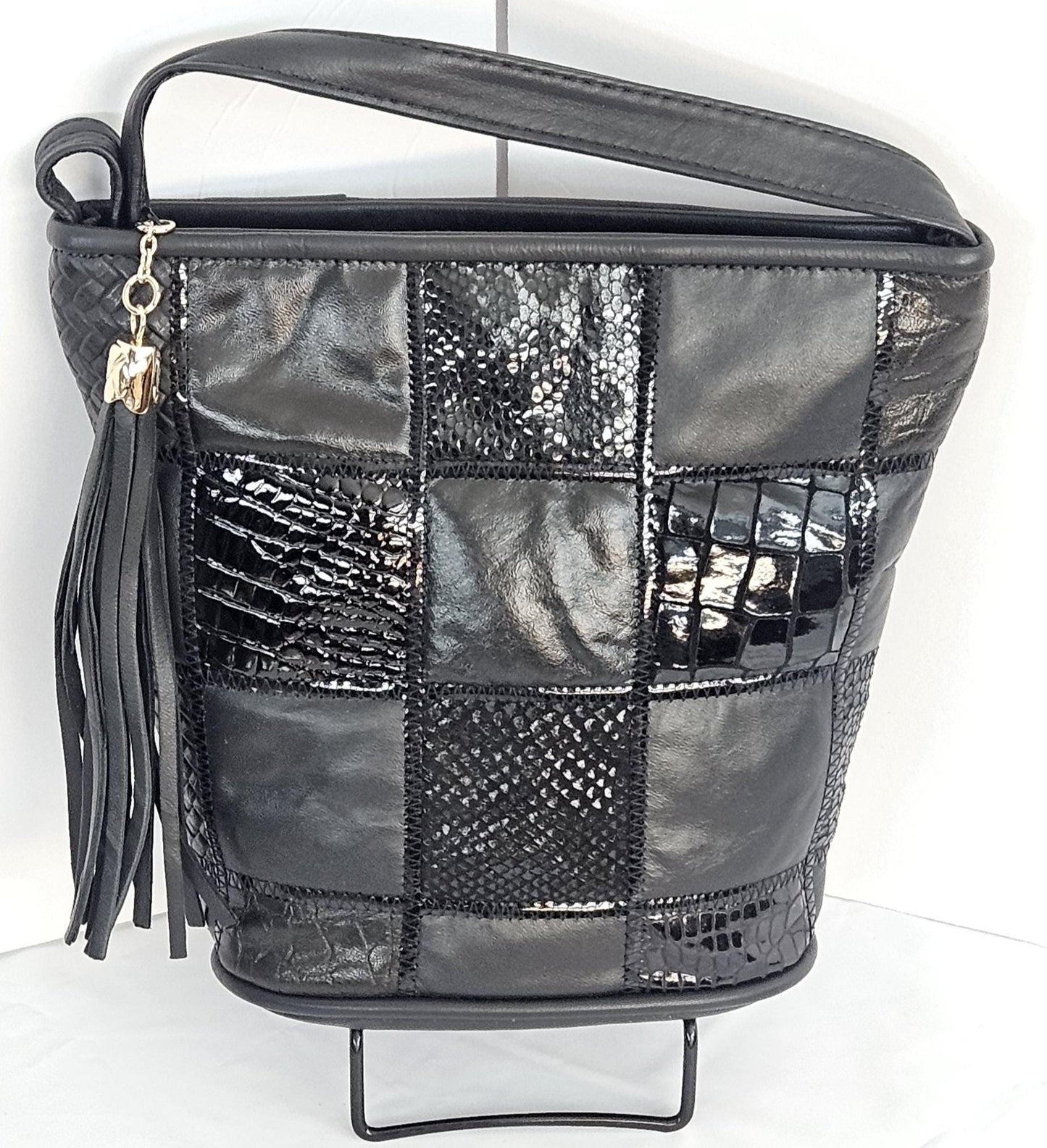 Black with black mix prints Square Zigzag Genuine Leather soft handbag.TR2099Bpz for Universal Use.Made In USA.
