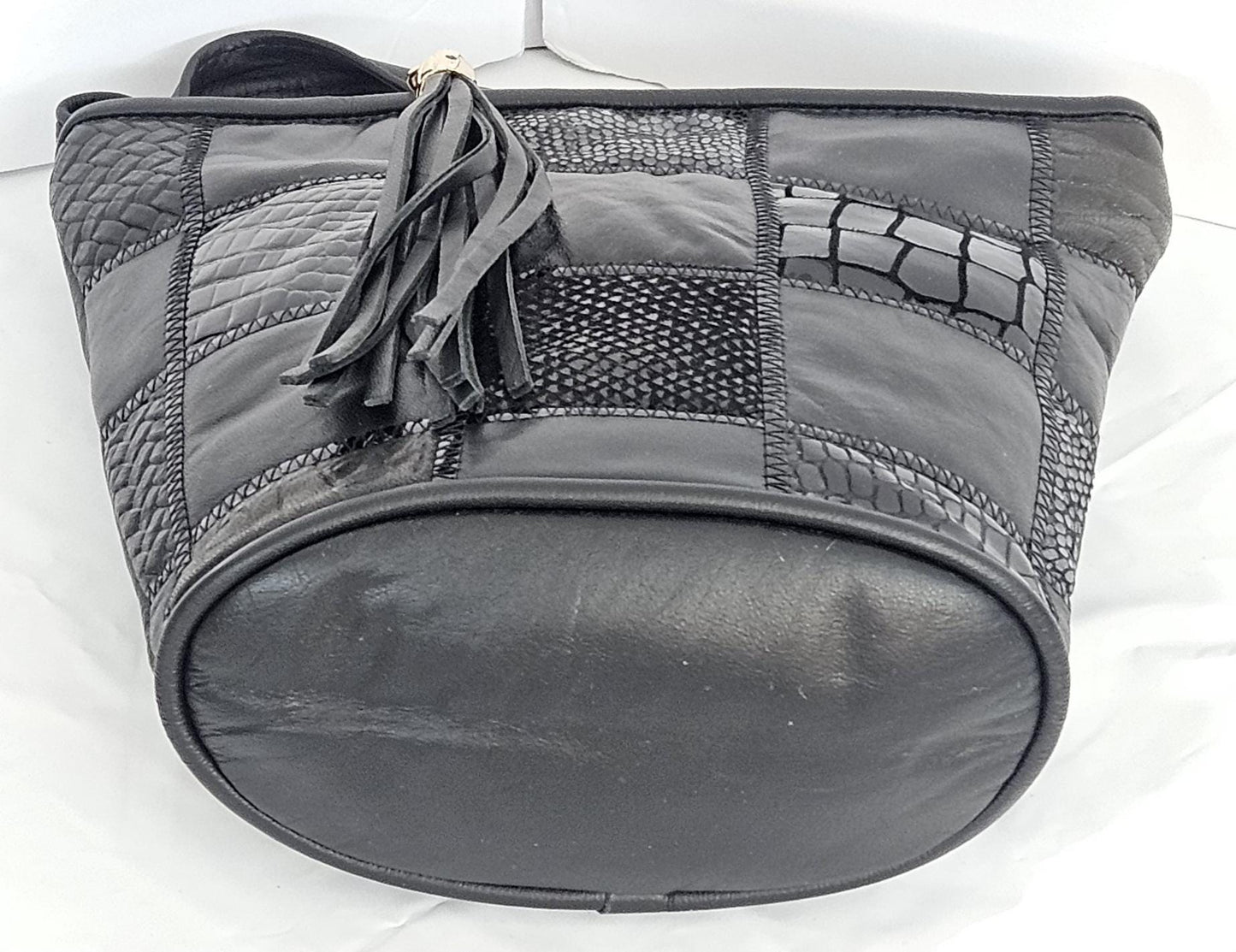 Black with black mix prints Square Zigzag Genuine Leather soft handbag.TR2099Bpz for Universal Use.Made In USA.