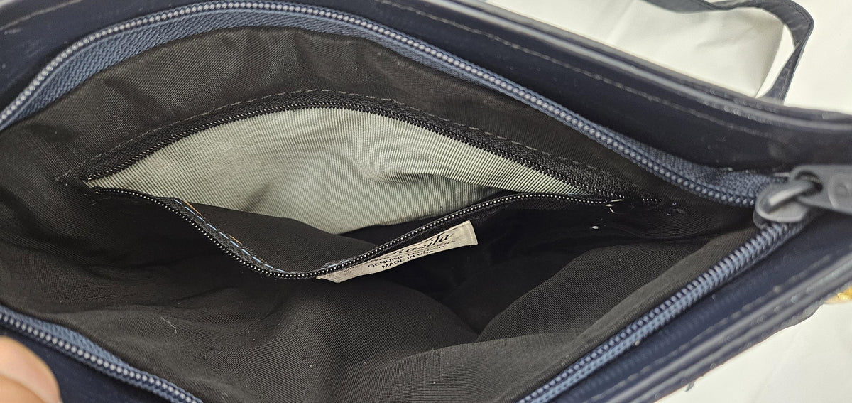 Embossed Navy Leather Handbag: Triangle Design, Made in USA