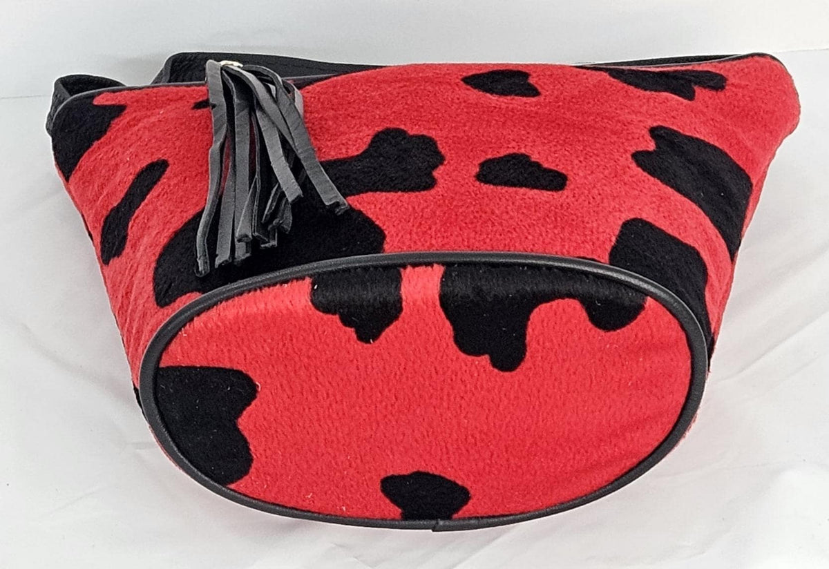 Red & Black Print Fabric Handbag: Genuine Leather Crossbody Purse