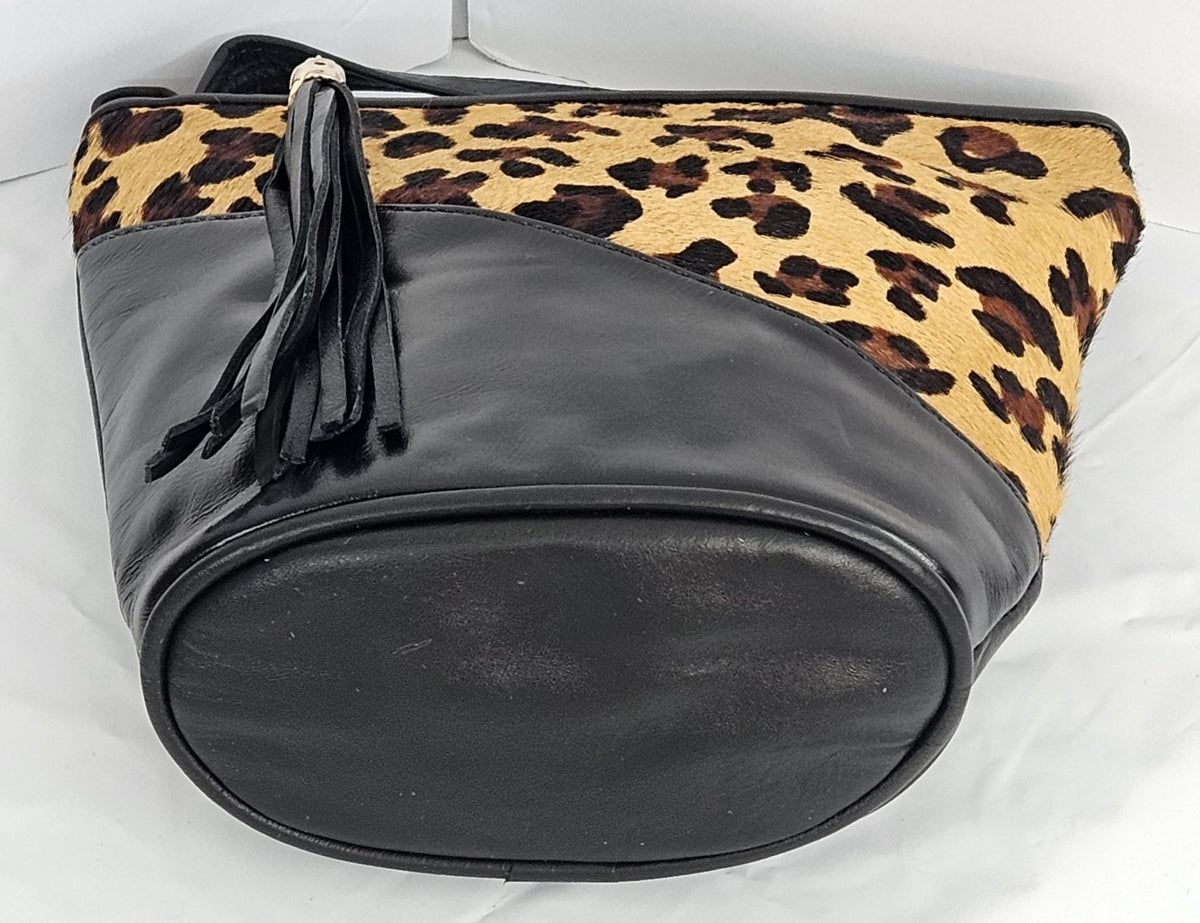 Leopard Print Genuine Leather Handbag: Black Triangle Crossbody Purse