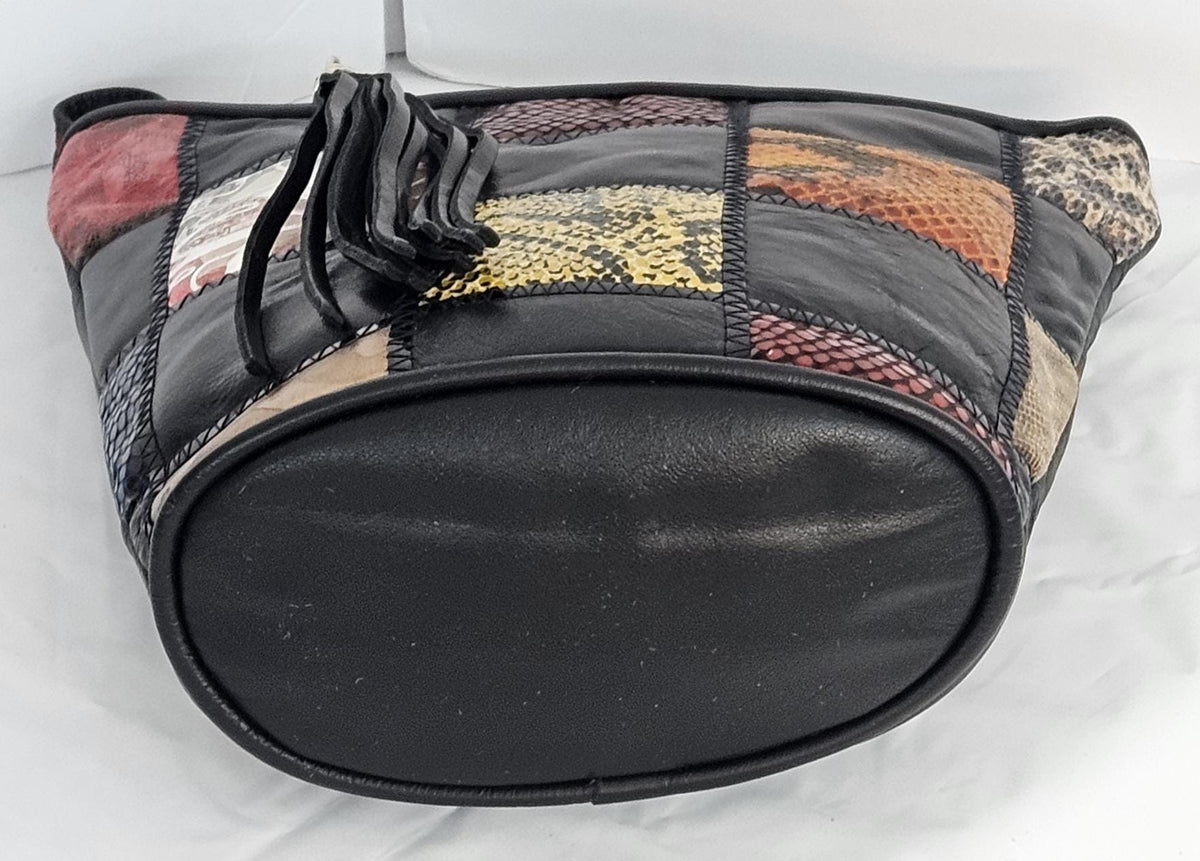 Patchwork Genuine Leather Handbag: Black Multi-Print Square Crossbody, Made in USA