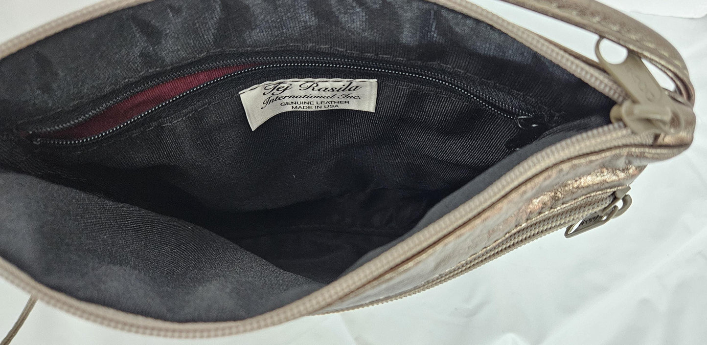 Pewter with Pewter,and glitter Metallic leather patchwork purse Universal Use. #305Ppgm.Design for you.Made in USA.
