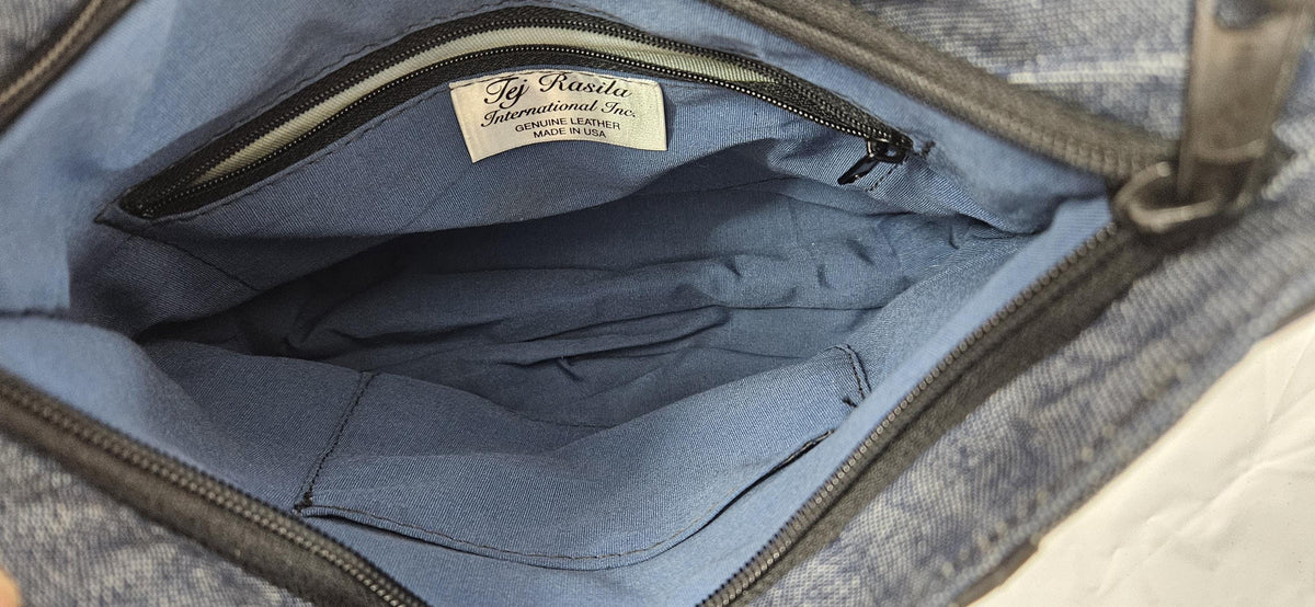 Blue Denim with black leafs stripes Genuine Leather Handbag.#Tr306Dbls,Gift for Mom,her,girls. Universal Use. Made in USA