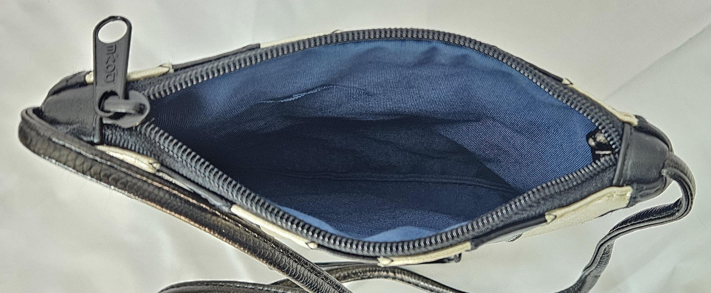 Zigzag Stitch Leather Crossbody Handbag: Black & Grey, Made in USA
