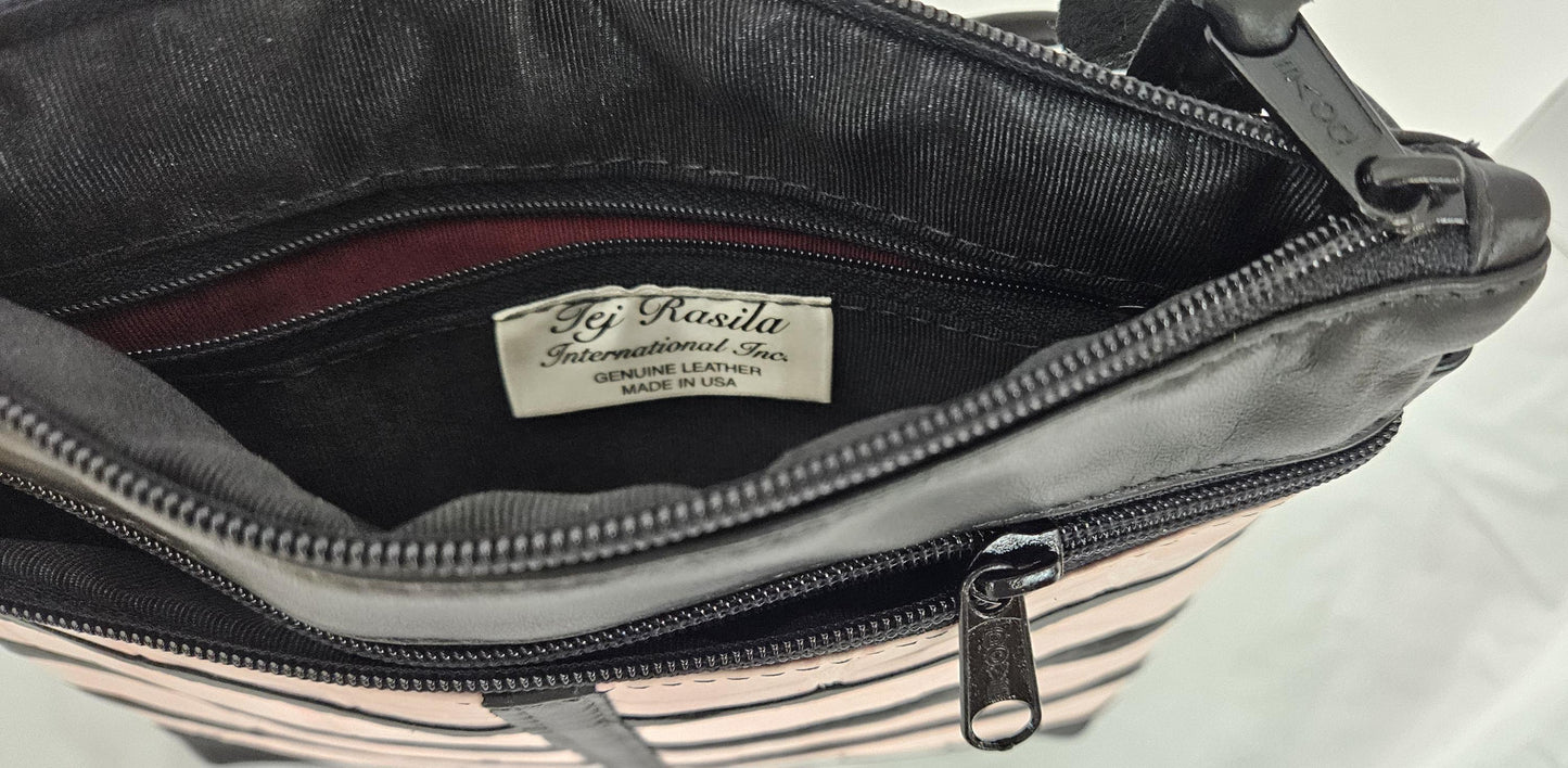 Black Leather Crossbody Bag: Pink Print, USA Made