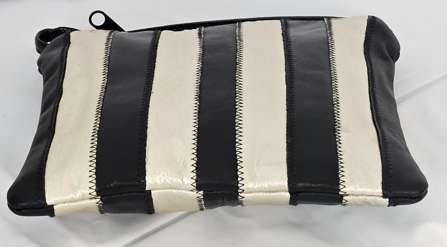 Zigzag Stitch Leather Crossbody Bag: Black & Metallic Beige, Made in USA