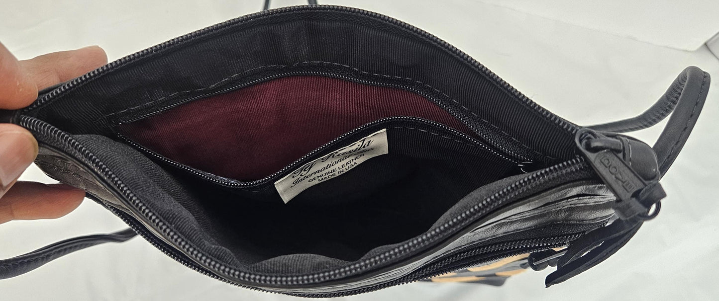 Black with Leopard 2 stripes Genuine leather patchwork purse for Universal use. #305BL2s.Design for you.Made in USA.
