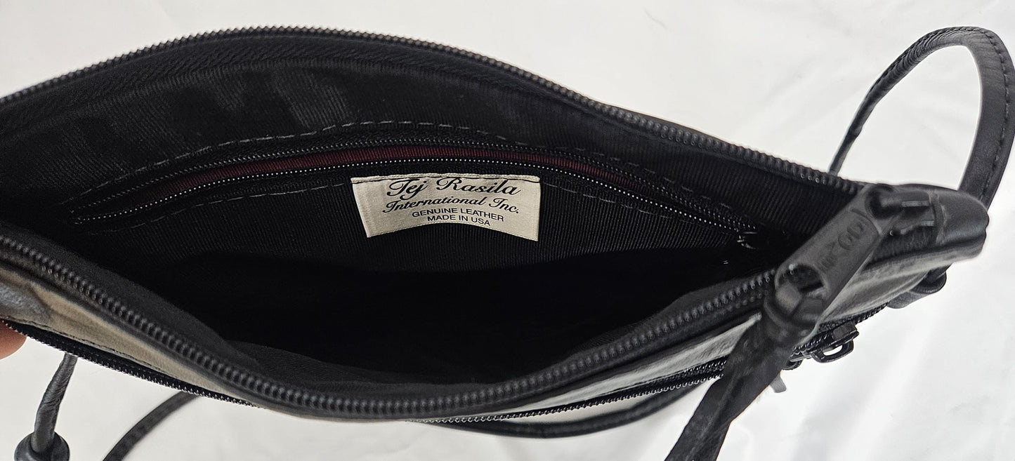 Black Leather Crossbody Bag: Leopard Stripe Patchwork, Made in USA
