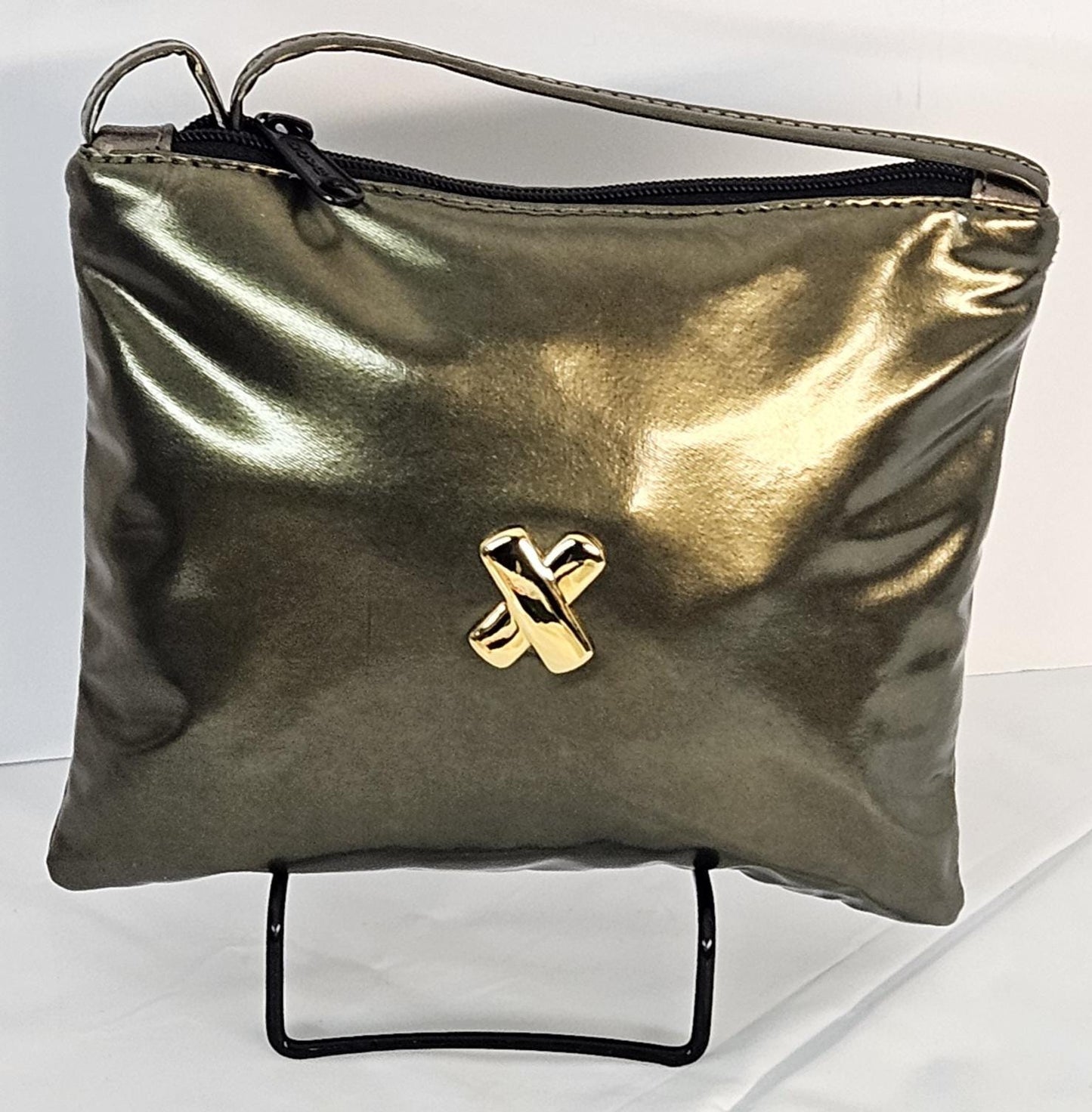 Pewter metallic Patton man made material withGold matel X.Crossbody Handbag#TR3302pmp-×,Purses for girls,women,Universal Use.Made in USA.