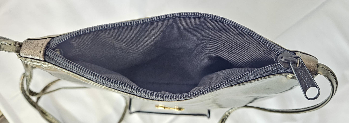 Pewter metallic Patton man made material withGold matel X.Crossbody Handbag#TR3302pmp-×,Purses for girls,women,Universal Use.Made in USA.
