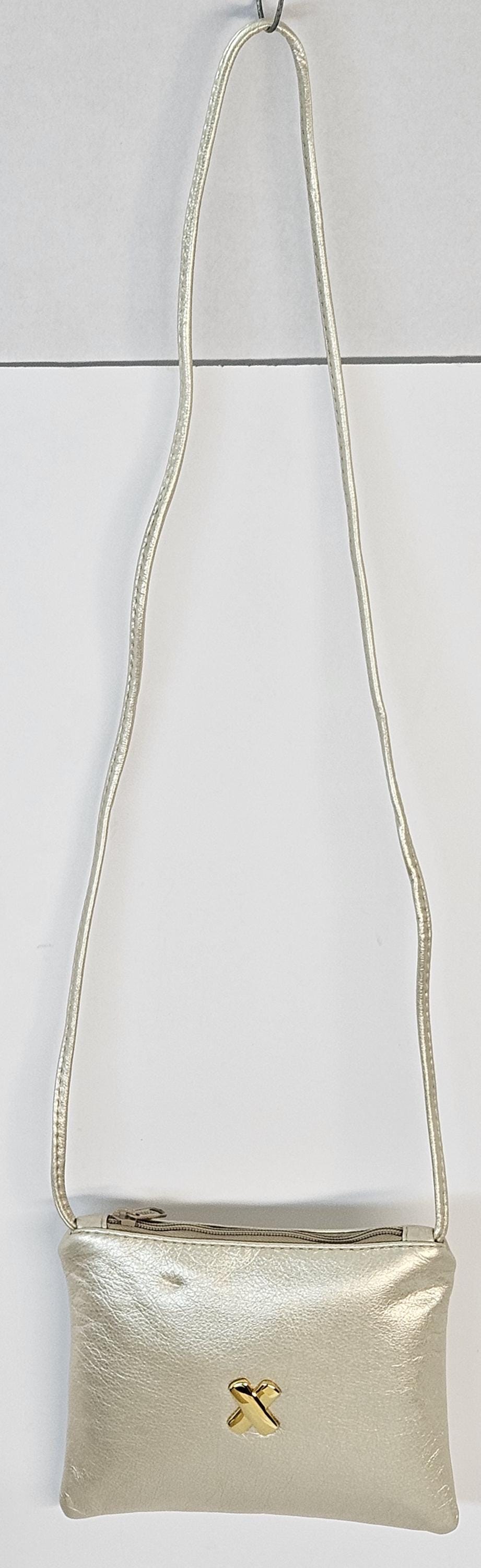 Beige metallic with gold matel X,Crossbody Handbag#TR3302Beigemg-X,Purses for girls, Genuine Leather. Made in USA