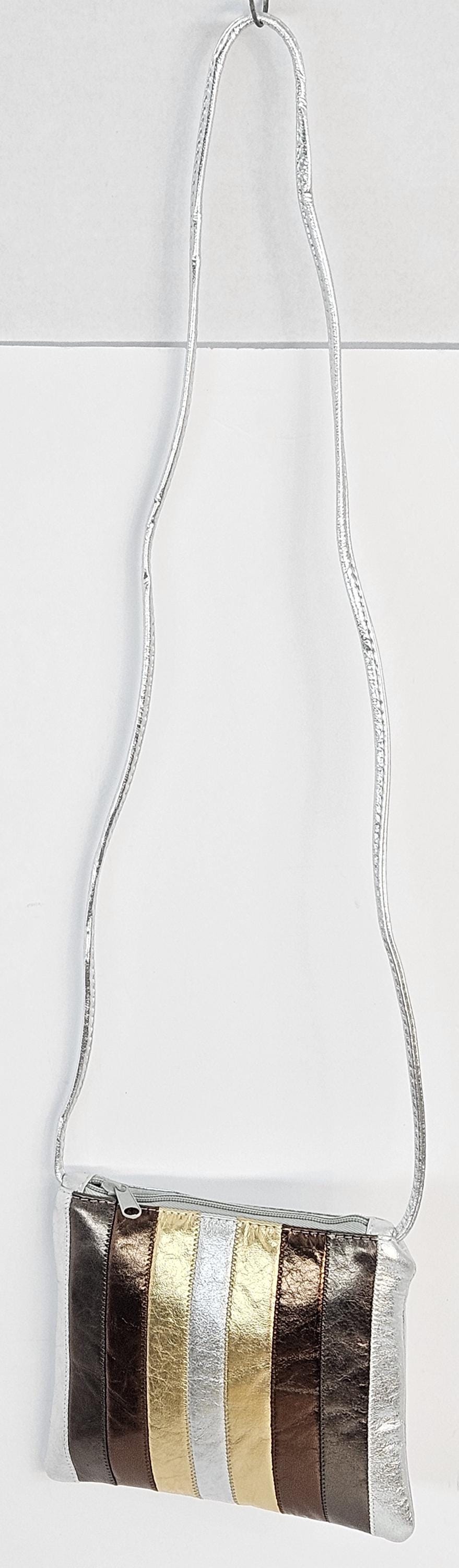 Silver metallic with pewter,bronze,gold,mix color Zigzag stich Crossbody, Handbag #TR3302Spbg-Z,Purses Genuine Leather. Made in USA.