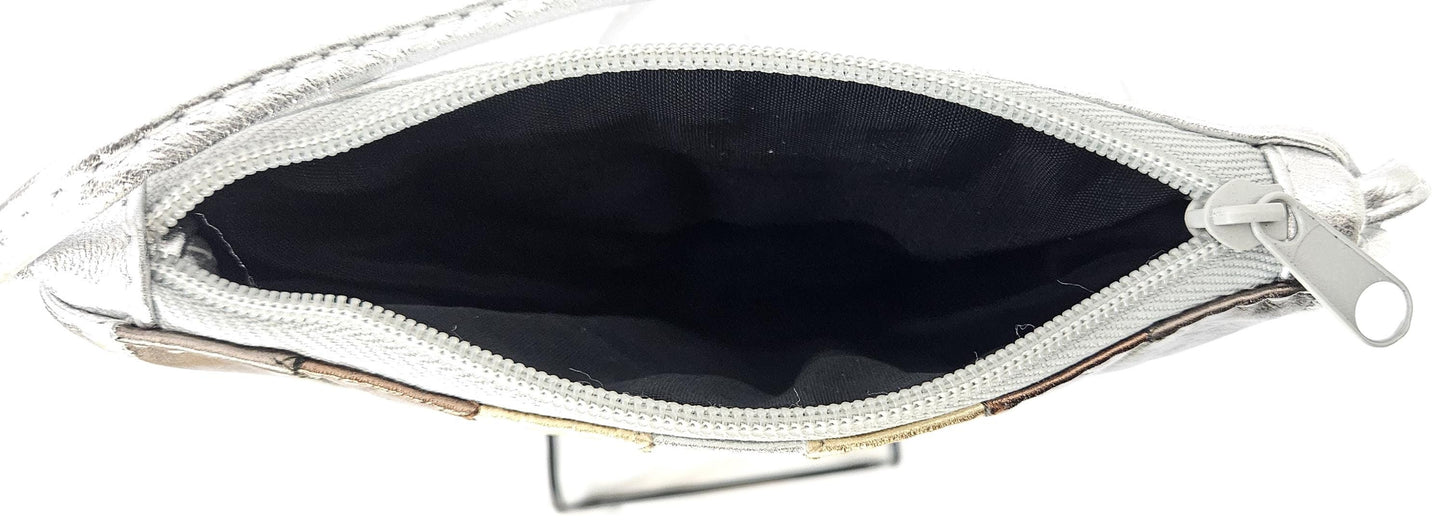 Silver metallic with pewter,bronze,gold,mix color Zigzag stich Crossbody, Handbag #TR3302Spbg-Z,Purses Genuine Leather. Made in USA.