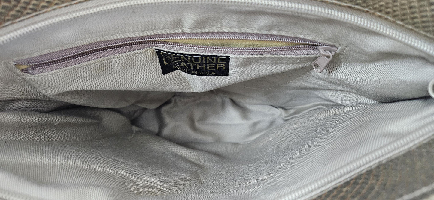 Gold mate print with Gold Z and Coin metal design on Leather Shoulder Handbag for women.Tr2019Gmp Design on front side only. Made In USA!