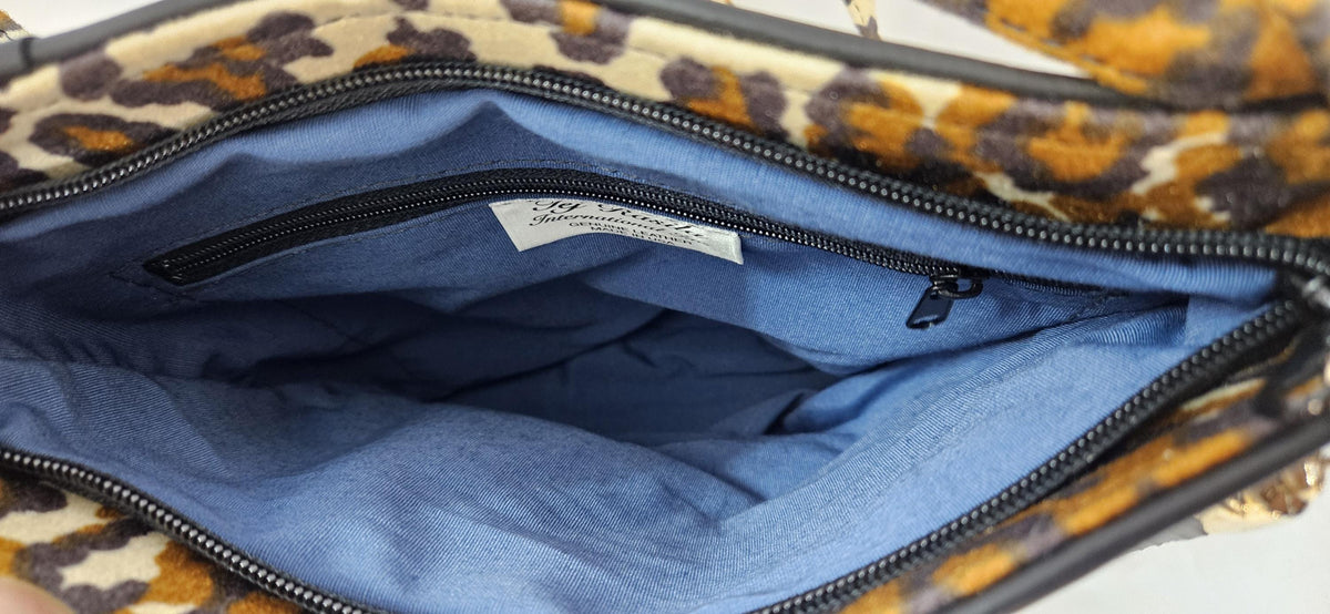 Camel Print Fabric Crossbody Bag: Leather Trim, Handmade in USA