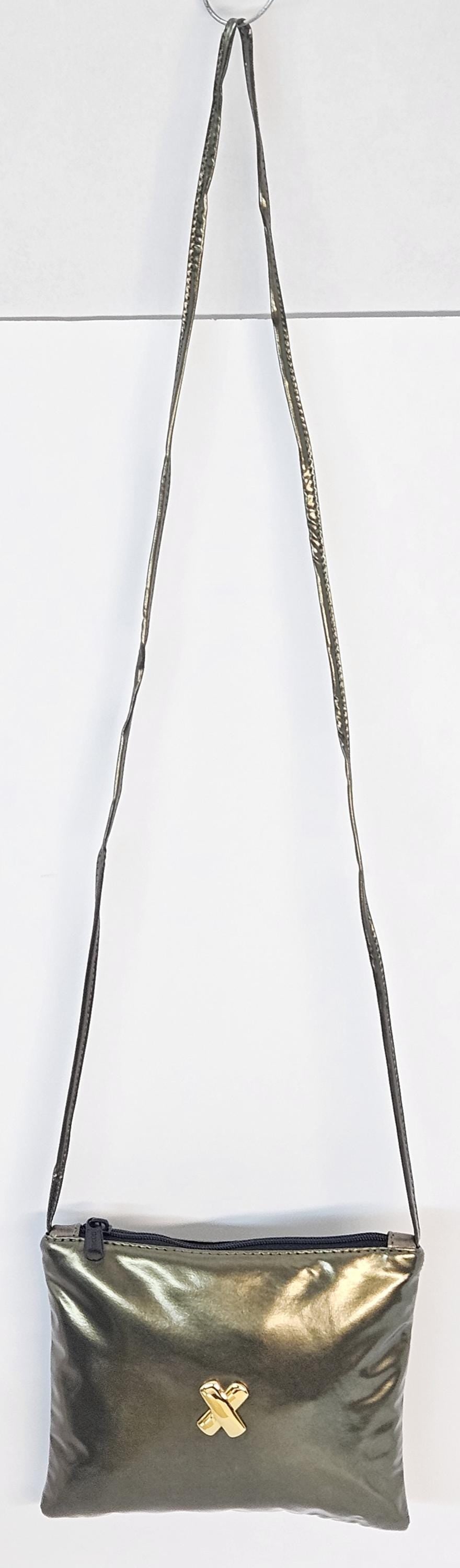 Pewter metallic Patton man made material withGold matel X.Crossbody Handbag#TR3302pmp-×,Purses for girls,women,Universal Use.Made in USA.