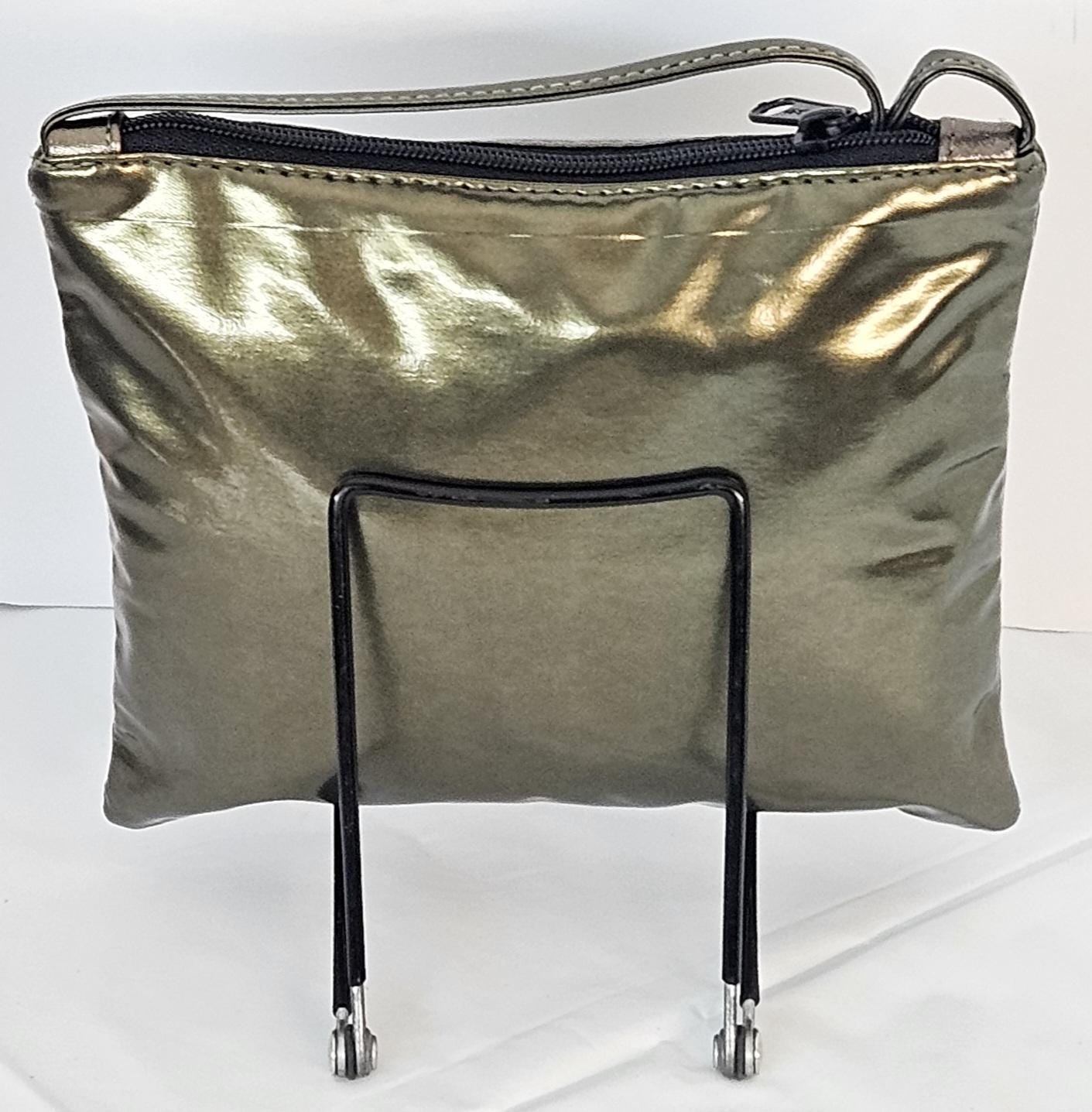 Pewter metallic Patton man made material withGold matel X.Crossbody Handbag#TR3302pmp-×,Purses for girls,women,Universal Use.Made in USA.