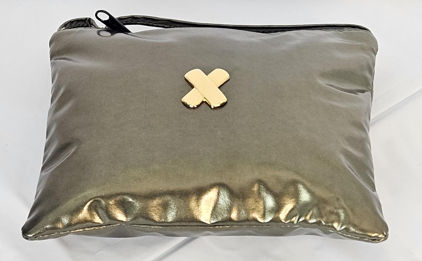 Pewter metallic Patton man made material withGold matel X.Crossbody Handbag#TR3302pmp-×,Purses for girls,women,Universal Use.Made in USA.