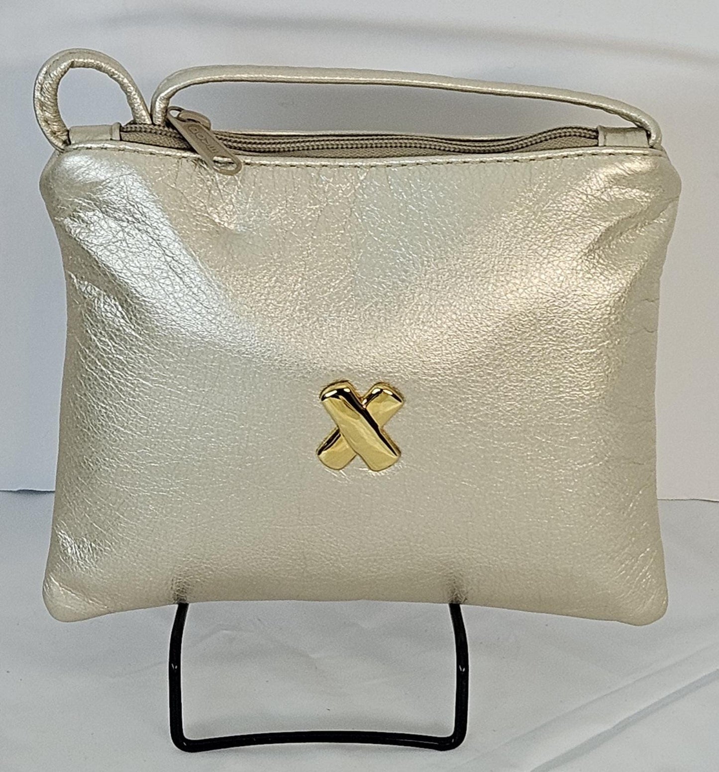 Beige metallic with gold matel X,Crossbody Handbag#TR3302Beigemg-X,Purses for girls, Genuine Leather. Made in USA