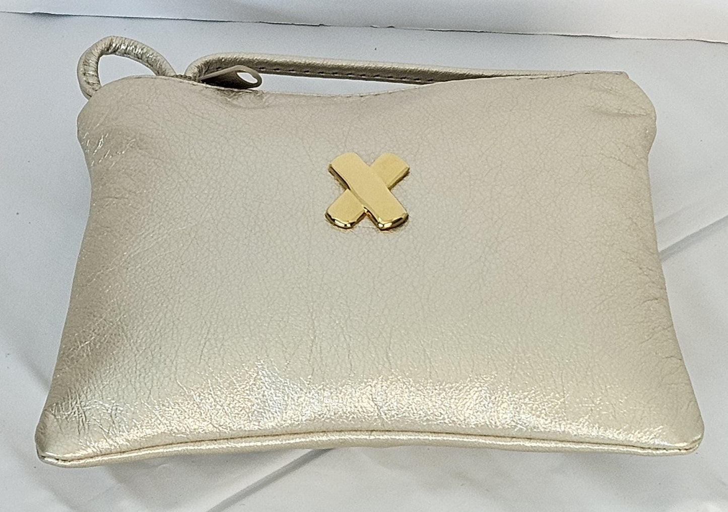 Beige metallic with gold matel X,Crossbody Handbag#TR3302Beigemg-X,Purses for girls, Genuine Leather. Made in USA