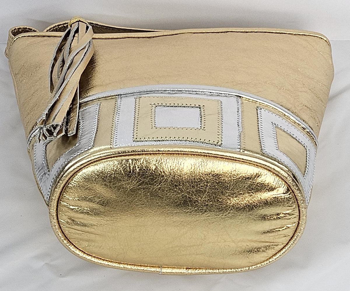 Gold Metallic Leather Handbag: Silver Zigzag Detail, Made in USA