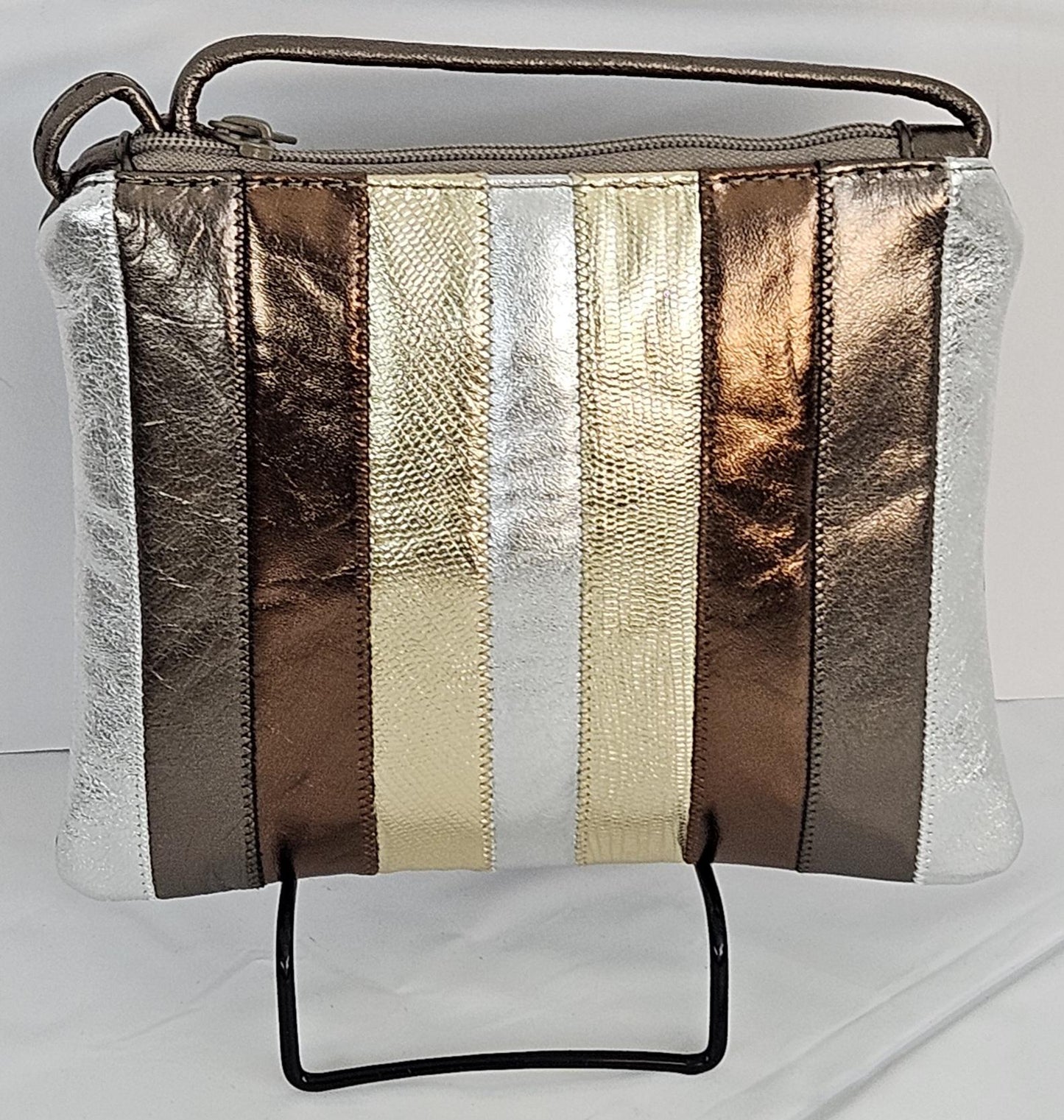 Pewter with Bronx,silver, gold print matlic Zigzag stich Crossbody Handbag #TR3302pbsgpm-Z, Purses,Genuine Leather. Made in US