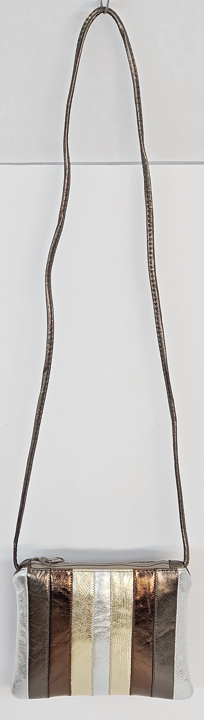 Pewter with Bronx,silver, gold print matlic Zigzag stich Crossbody Handbag #TR3302pbsgpm-Z, Purses,Genuine Leather. Made in US