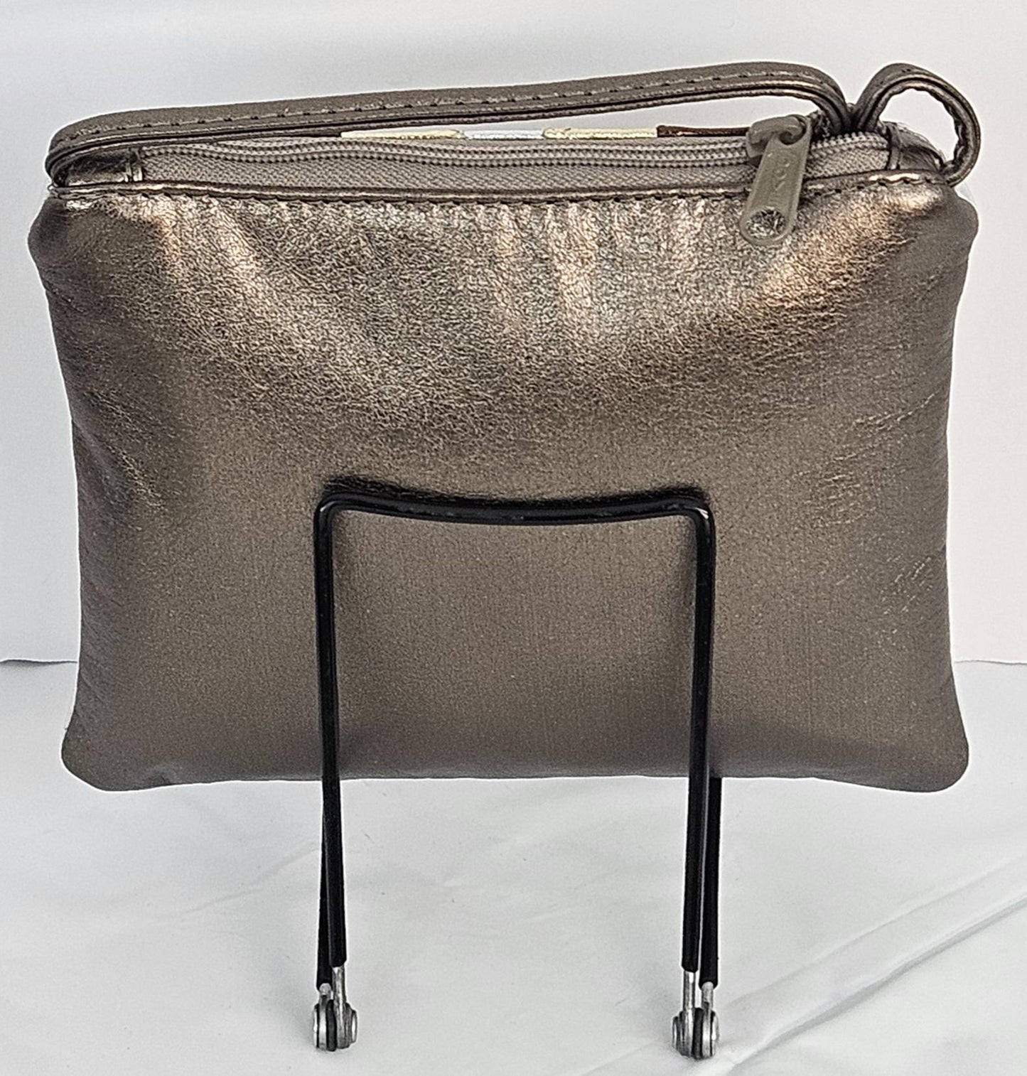 Pewter with Bronx,silver, gold print matlic Zigzag stich Crossbody Handbag #TR3302pbsgpm-Z, Purses,Genuine Leather. Made in US
