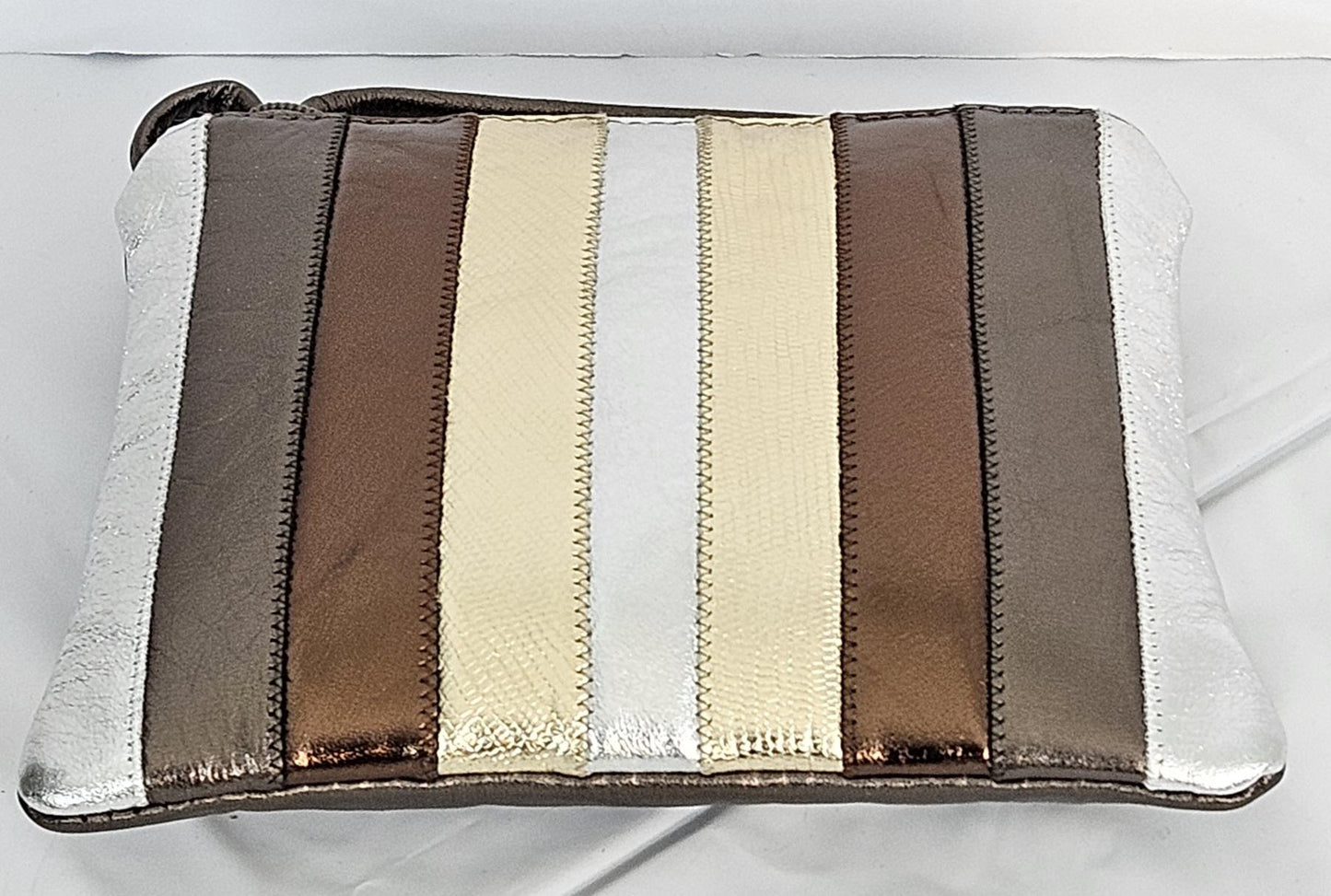 Pewter with Bronx,silver, gold print matlic Zigzag stich Crossbody Handbag #TR3302pbsgpm-Z, Purses,Genuine Leather. Made in US
