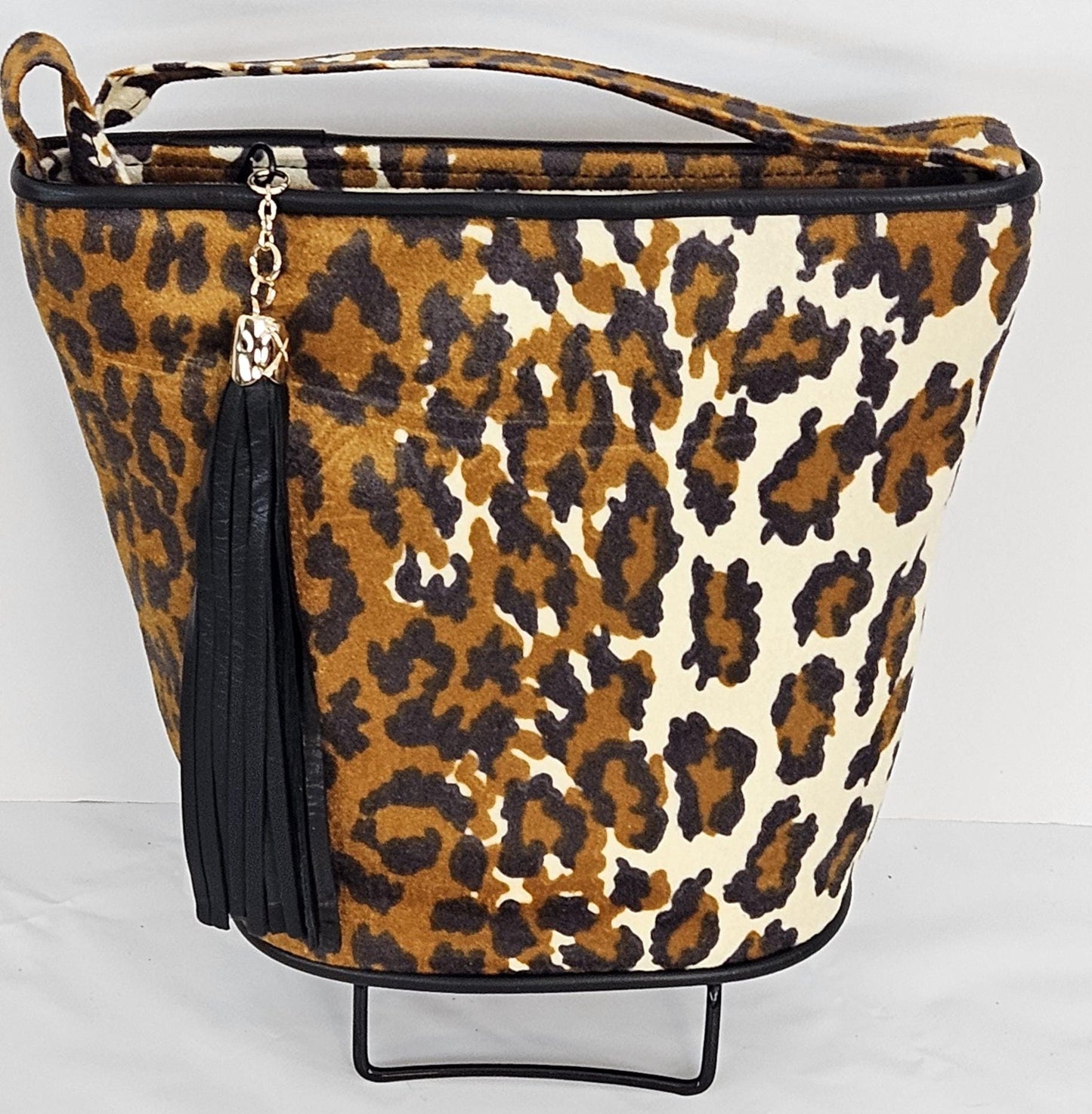 Black and brown camel print two-tone Fabric with Genuine Leather Handbag.#TR2099Bbcf2t,Purses for Universal Use,Unique design.Made in USA.