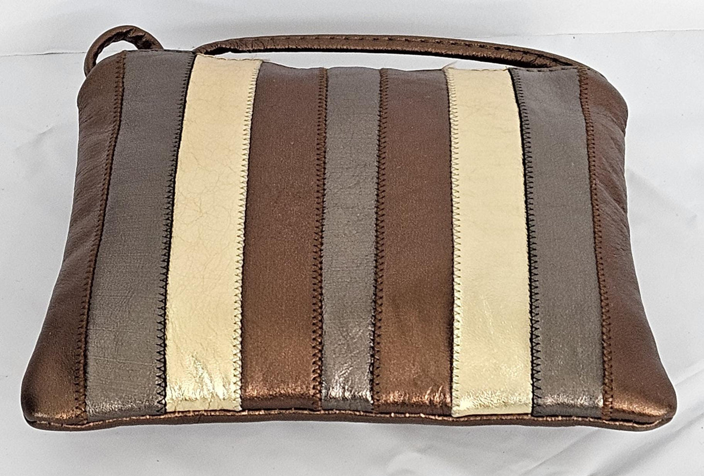 Bronze with pewter gold metallic Zigzag stich Crossbody Handbag #TR3302bpgm-Z, Purses,Universal Use Genuine Leather. Made in USA.
