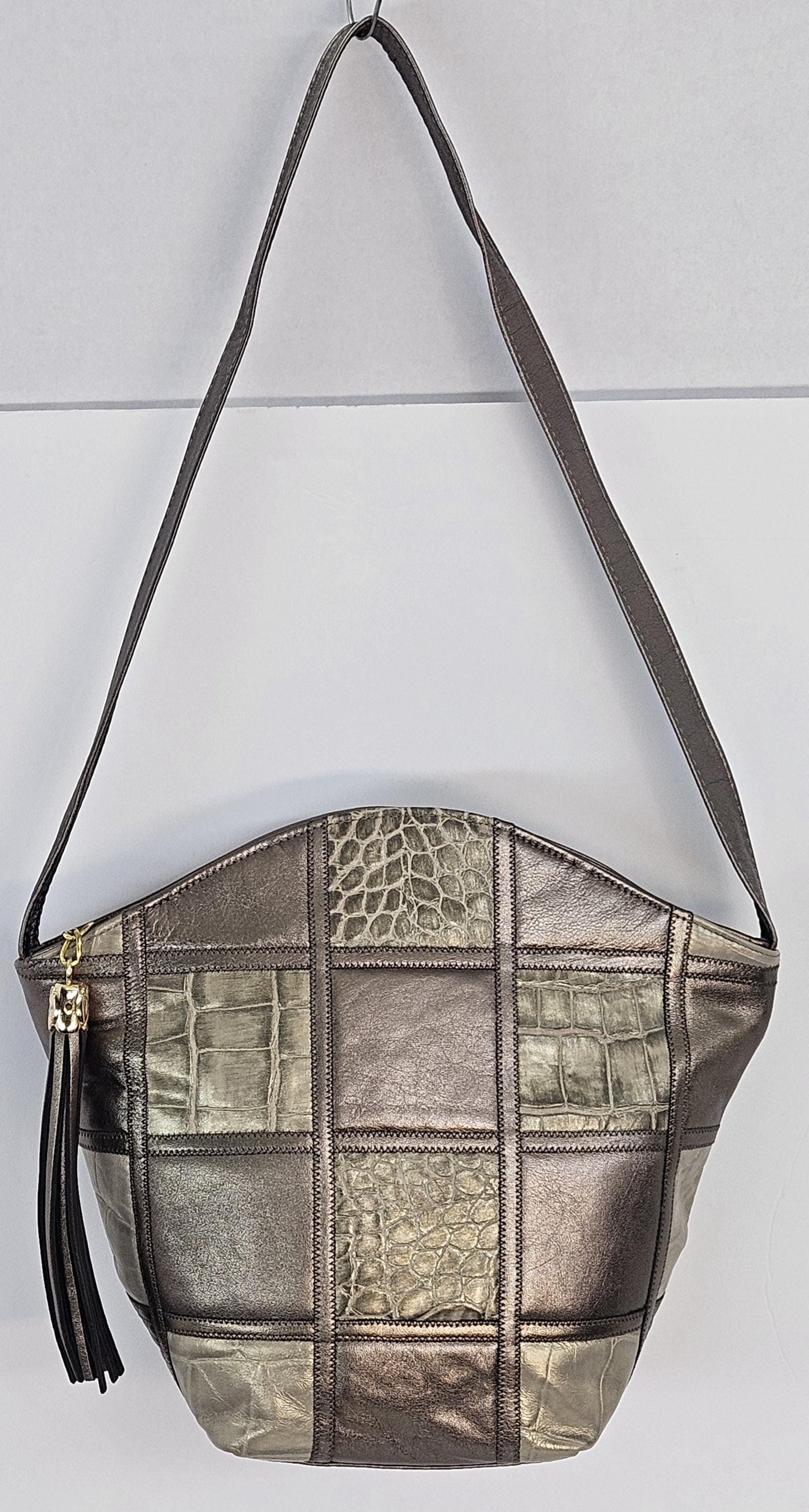 Pewter with pewter Print Zigzag square Genuine Leather Handbag for women Universal Use.#TR9047zig-P/P-sq.Made in USA!