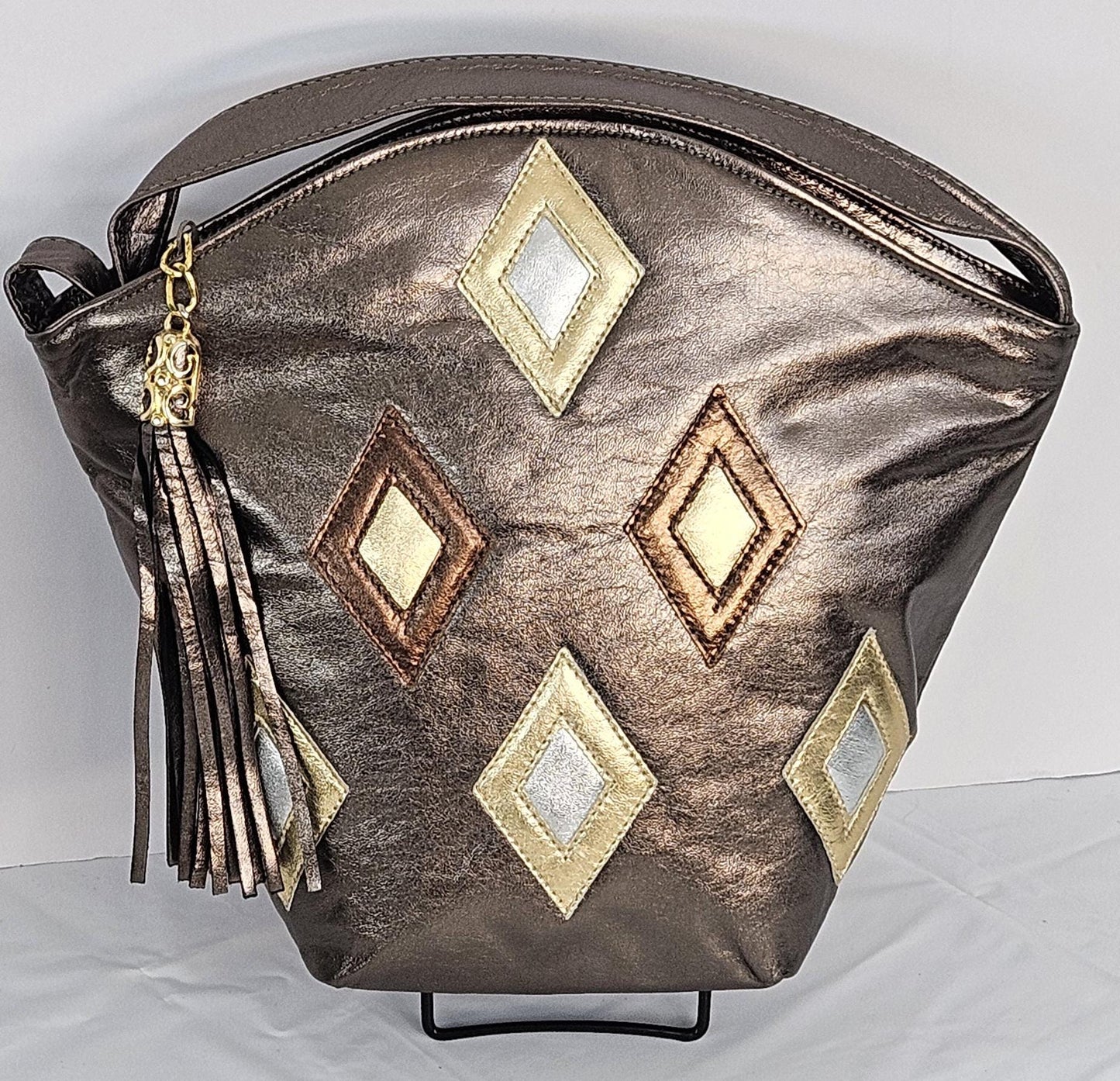 Pewter with silver,gold & bronze 6 diamonds cut Zigzag Genuine Leather Handbag for women Universal Use.#TR9047-1zig-P/6-dct.Made in USA!