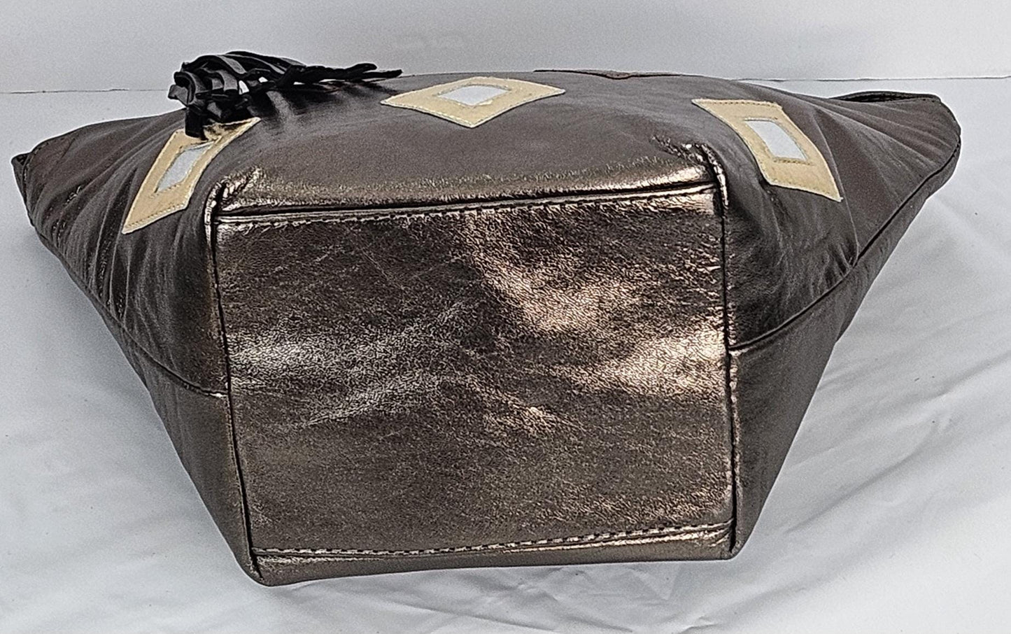 Pewter with silver,gold & bronze 6 diamonds cut Zigzag Genuine Leather Handbag for women Universal Use.#TR9047-1zig-P/6-dct.Made in USA!