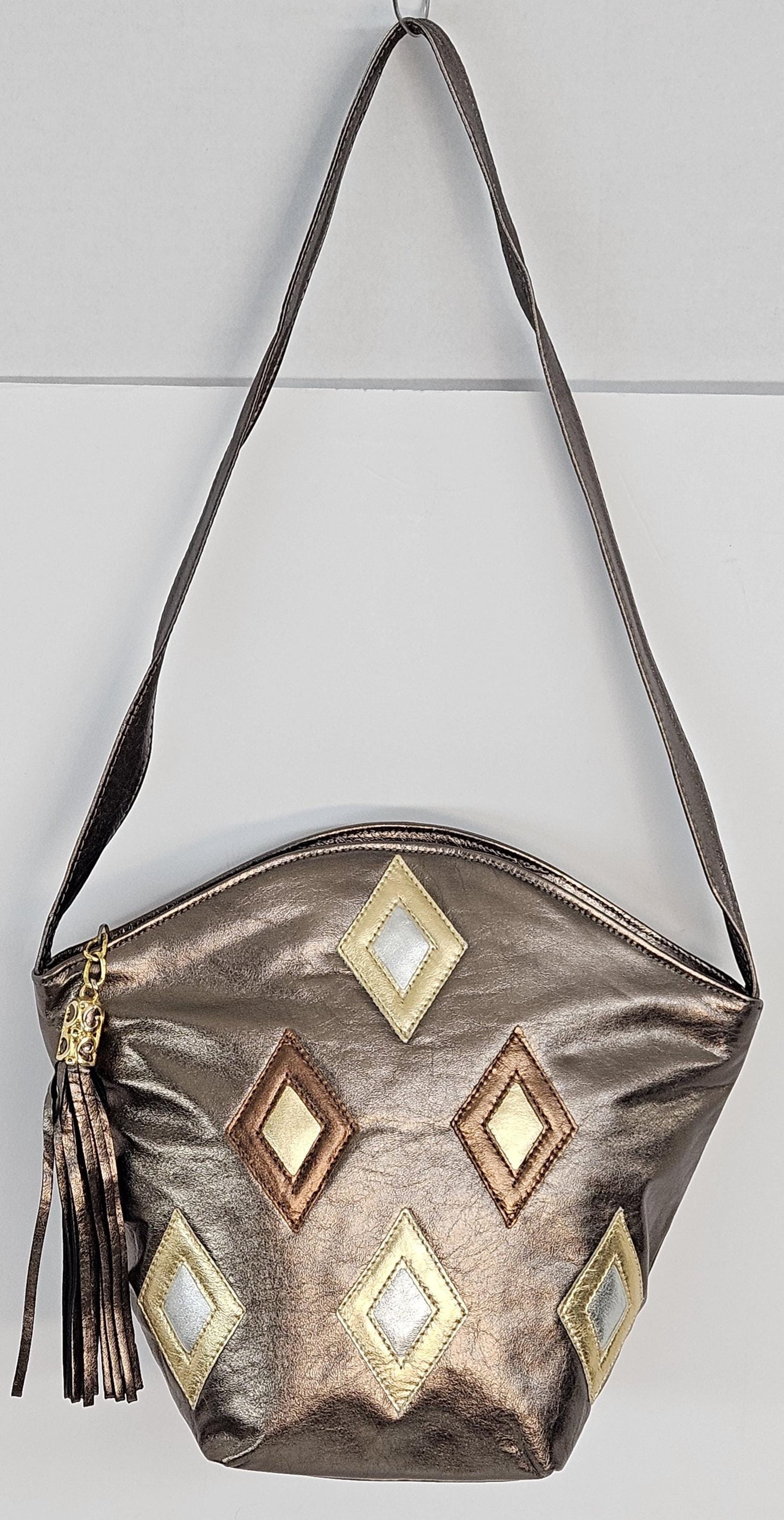 Pewter with silver,gold & bronze 6 diamonds cut Zigzag Genuine Leather Handbag for women Universal Use.#TR9047-1zig-P/6-dct.Made in USA!